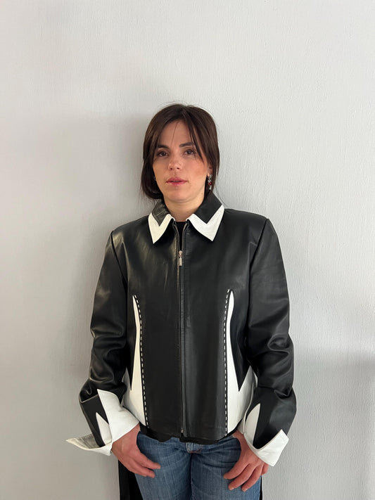 Handmade Lambskin buttery Leather Jacket: Black & White Nappa, Medium