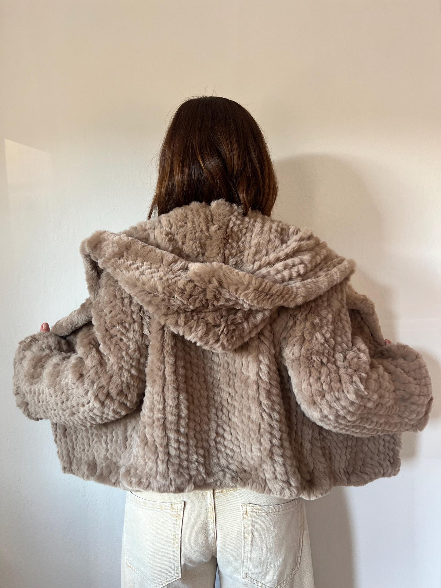 Handwoven Taupe Rabbit Fur Hooded Jacket - Frogs Closure