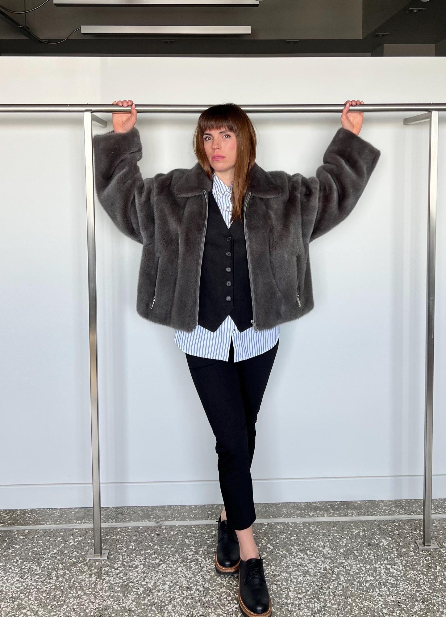 Grey Mink Fur Jacket: Copenhagen Pelts, Boxy Style, Size 2XL