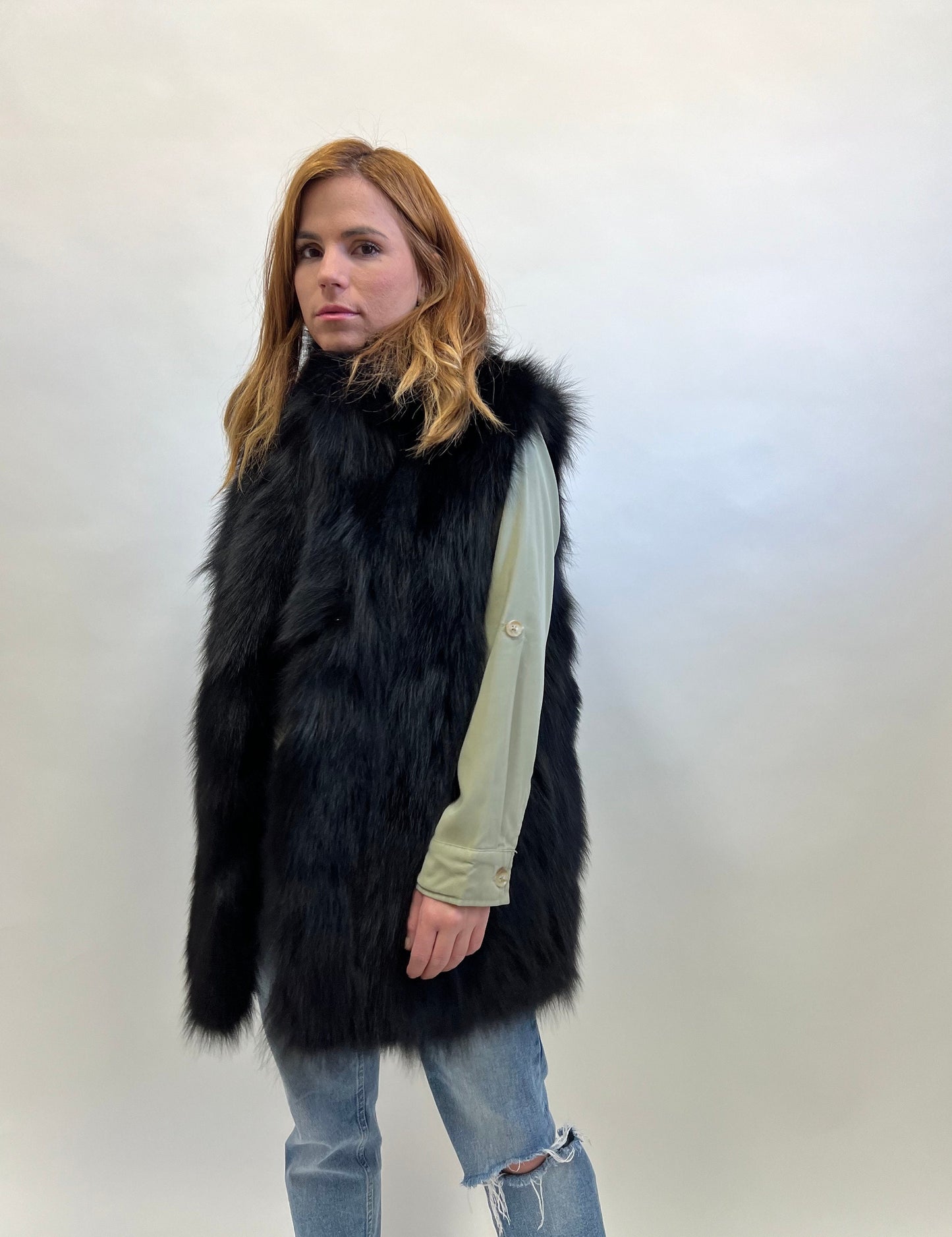 Real Black Fox Fur Vest, Genuine Pelt Winter Jacket, Medium