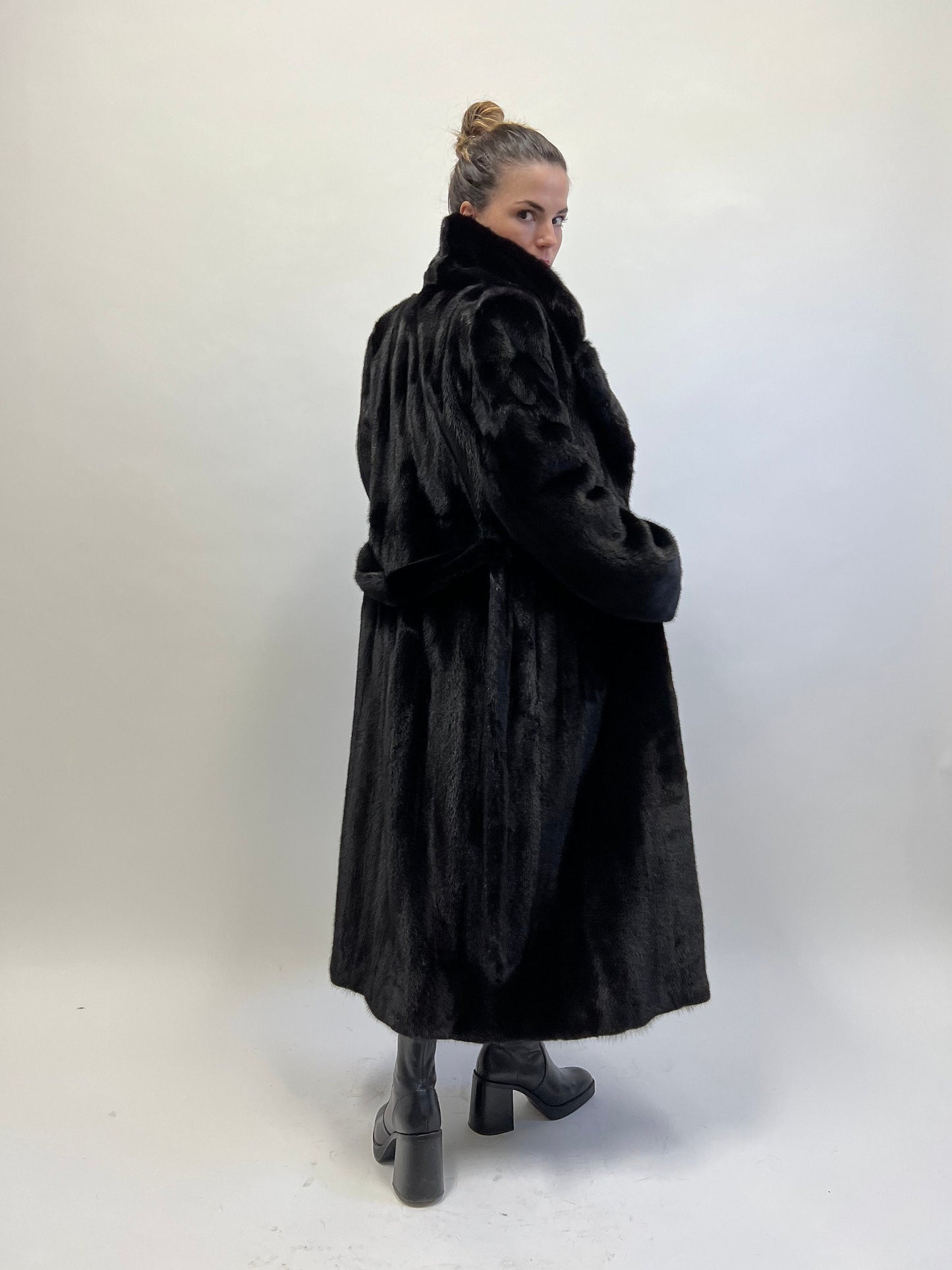 Handmade Black Mink Fur Long Coat: Belted Luxury Outerwear