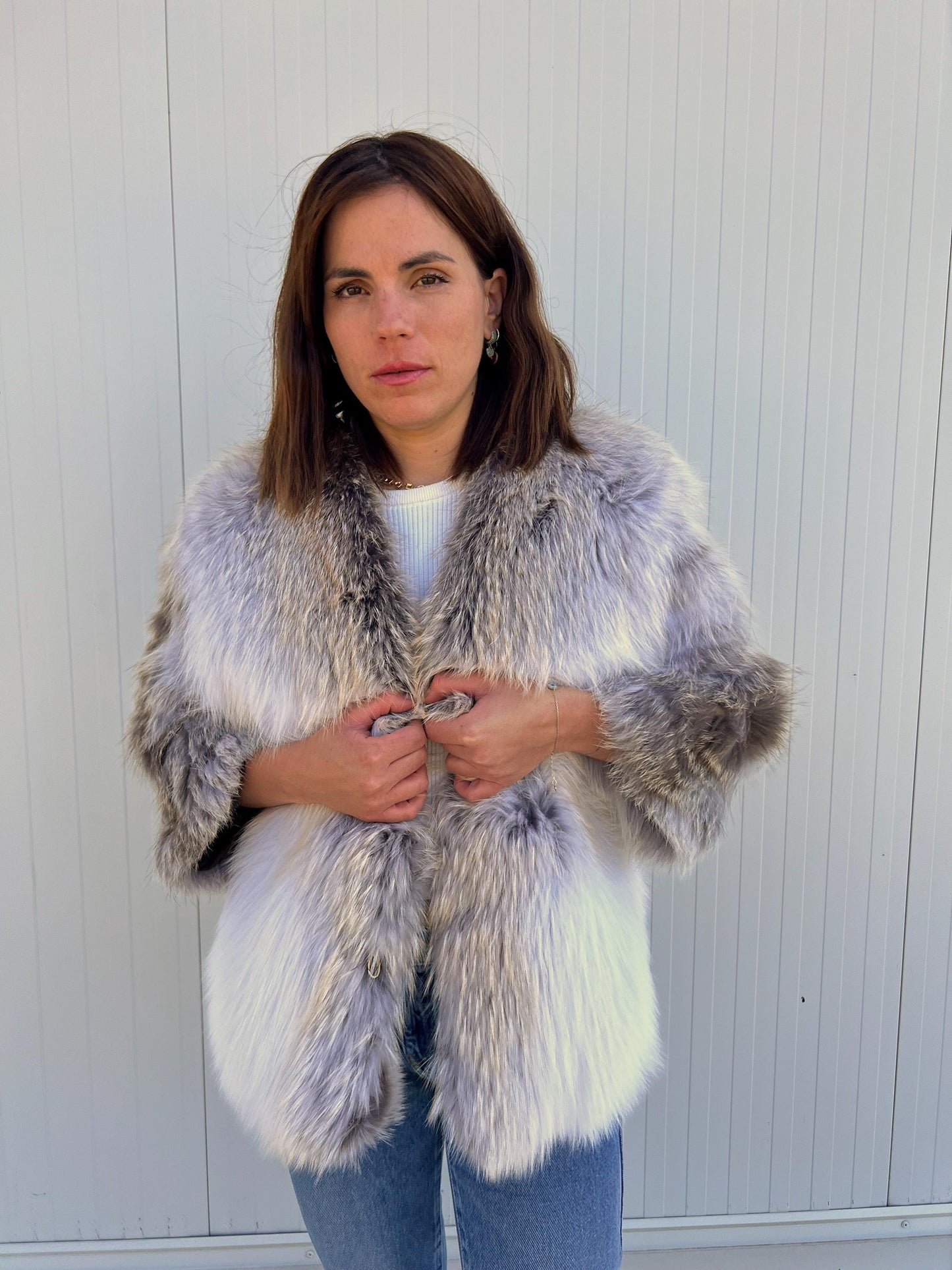 Handmade Fox Fur Jacket: White & Grey Lightweight Fluffy Coat