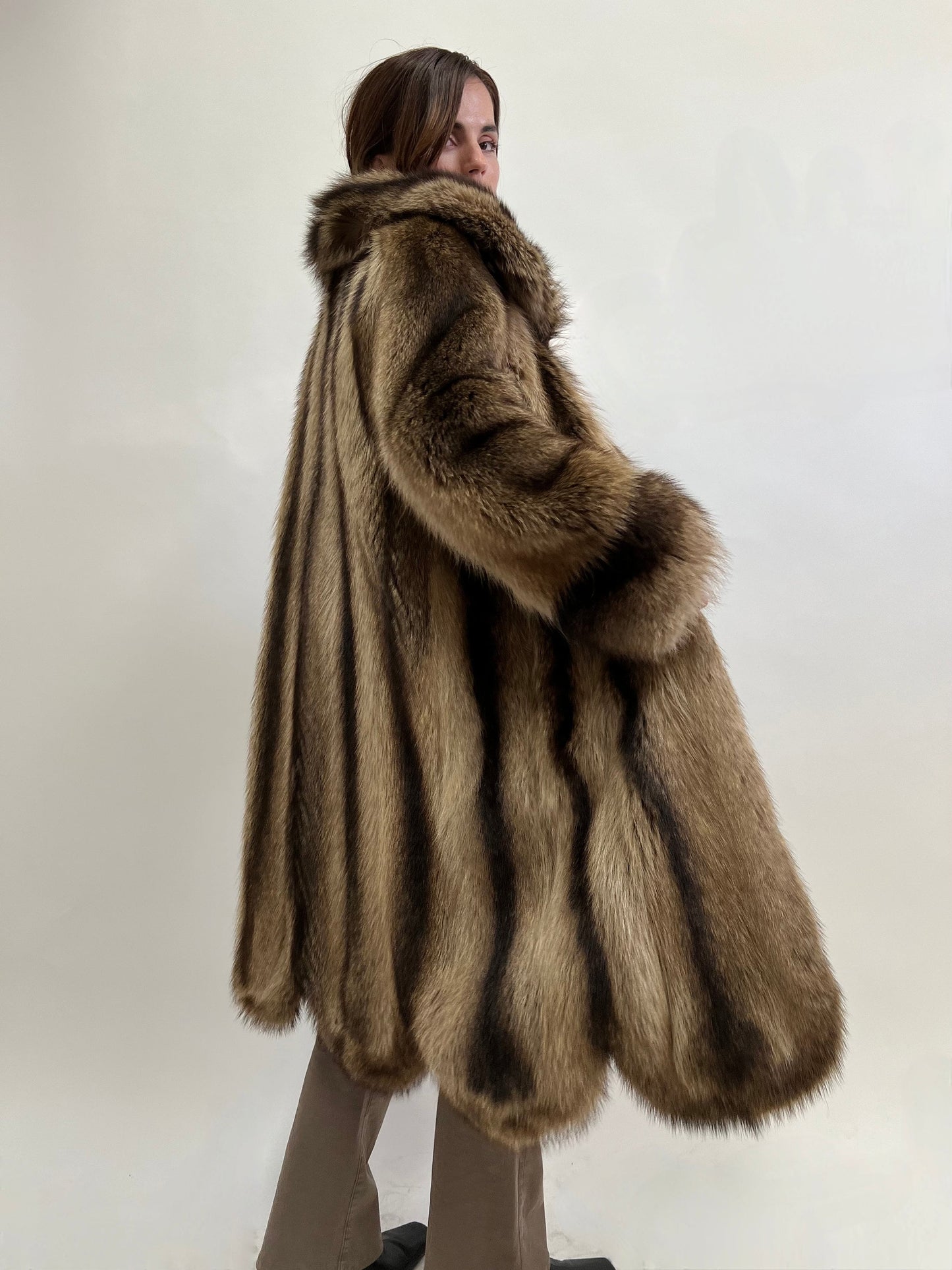Real Raccoon Fur Coat: Choco Brown Full Length Godet