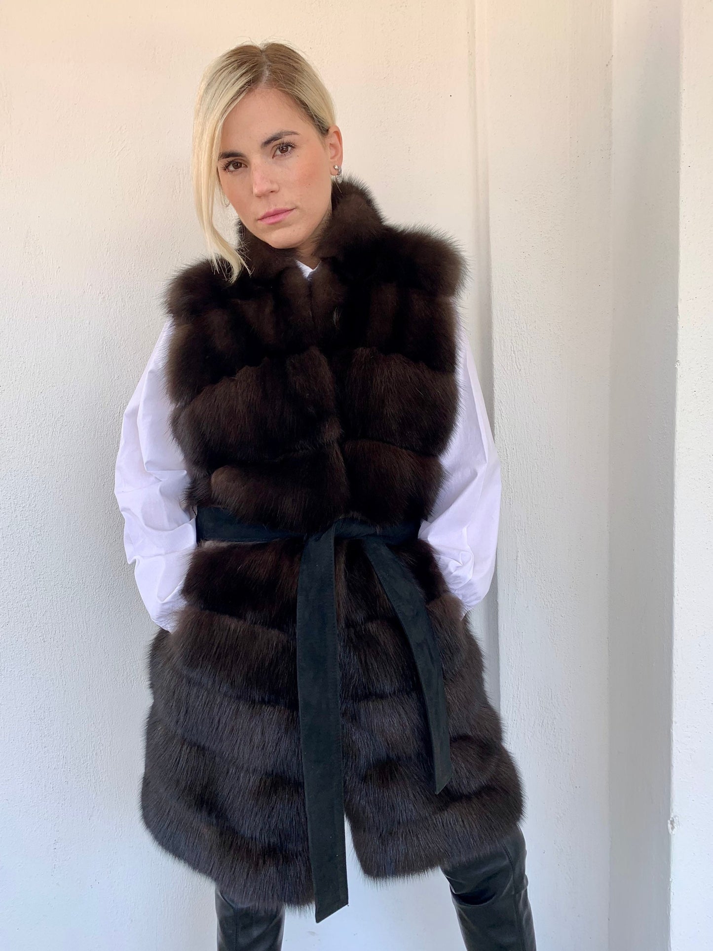 Real Sable Fur Vest: Velvet Mink Back, Suede Belt Trim