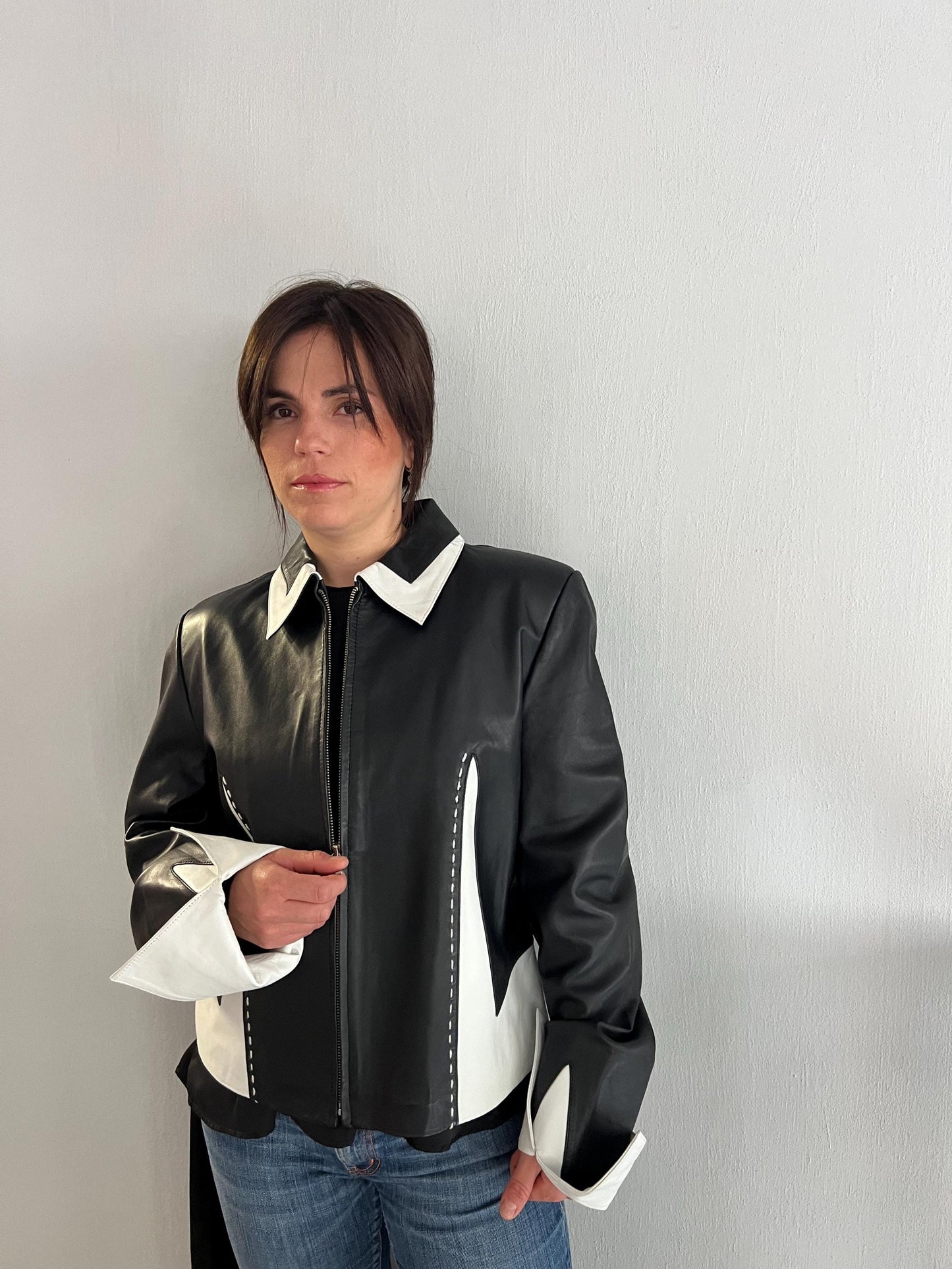 Handmade Lambskin buttery Leather Jacket: Black & White Nappa, Medium