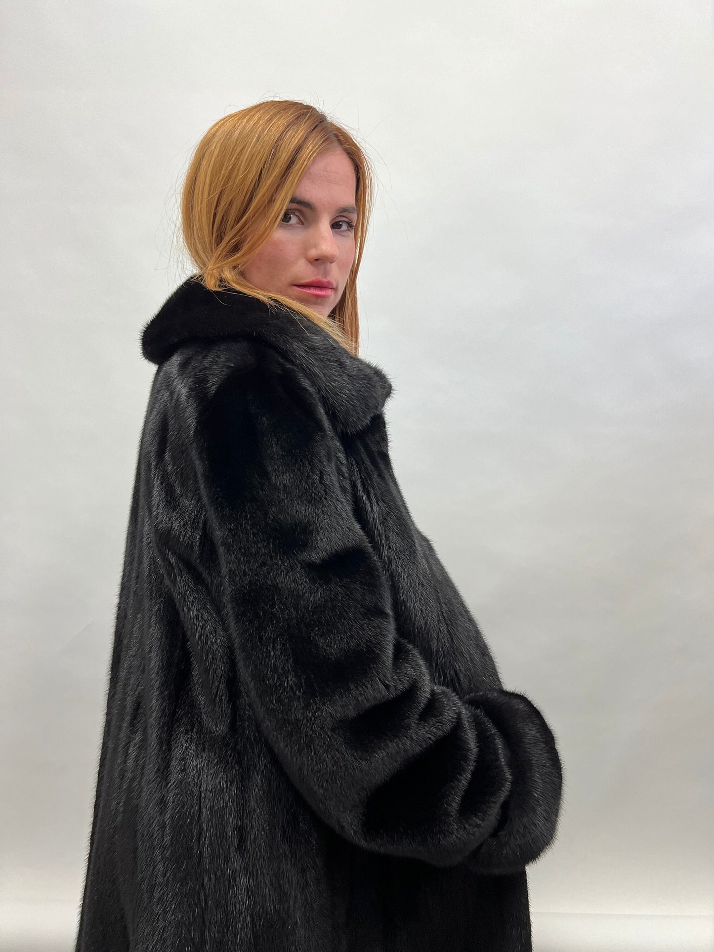 Handmade Black Mink Fur Long Coat: Godet Style, Adjustable Cuffs