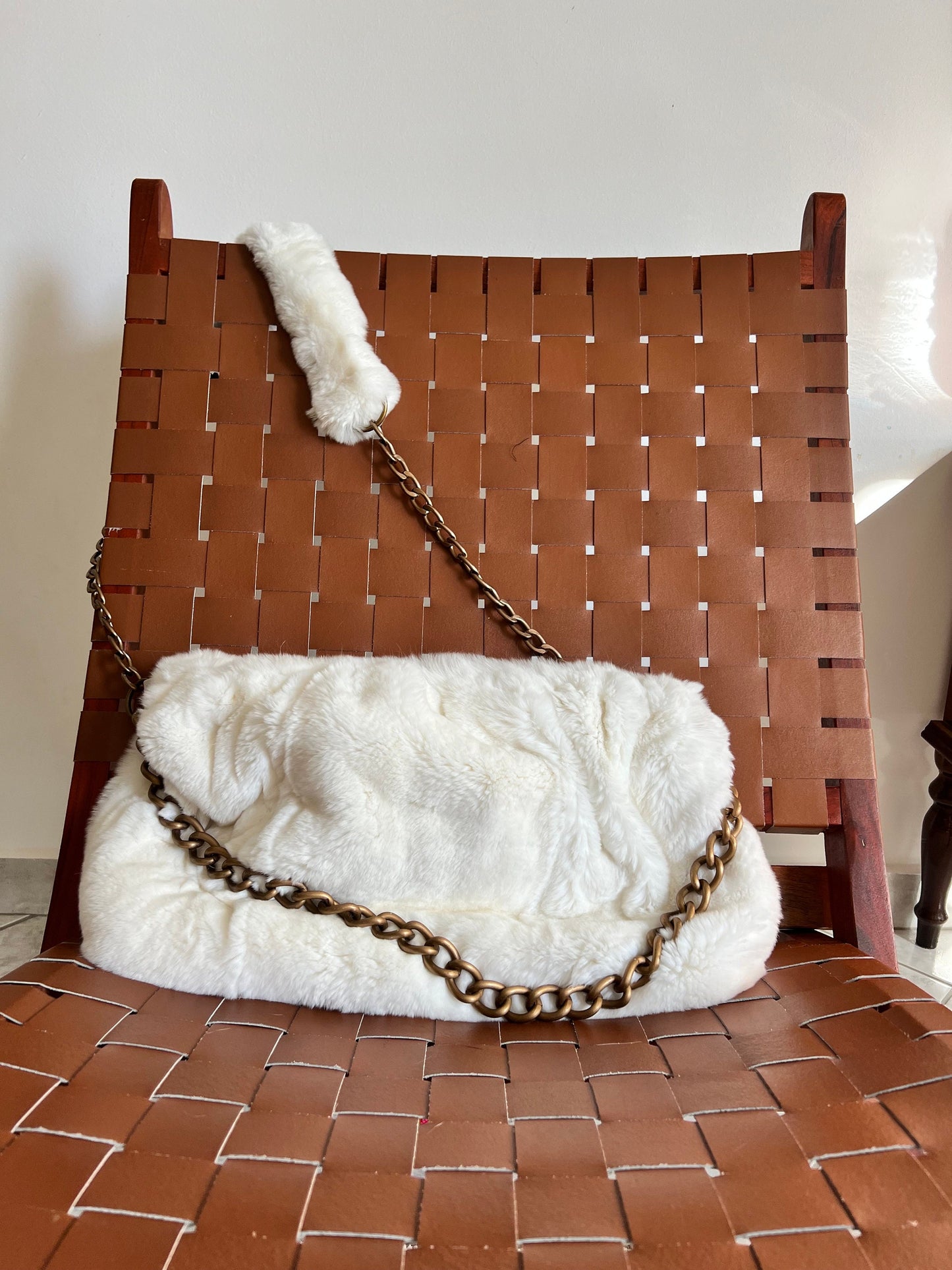Handmade Rex Rabbit Fur Pouch Bag: White Slouchy Shoulder Bag