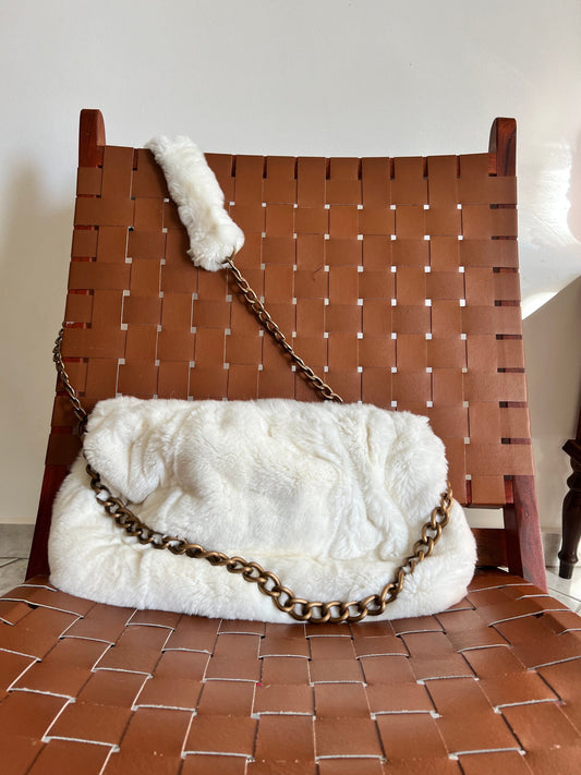 Handmade Rex Rabbit Fur Pouch Bag: White Slouchy Shoulder Bag