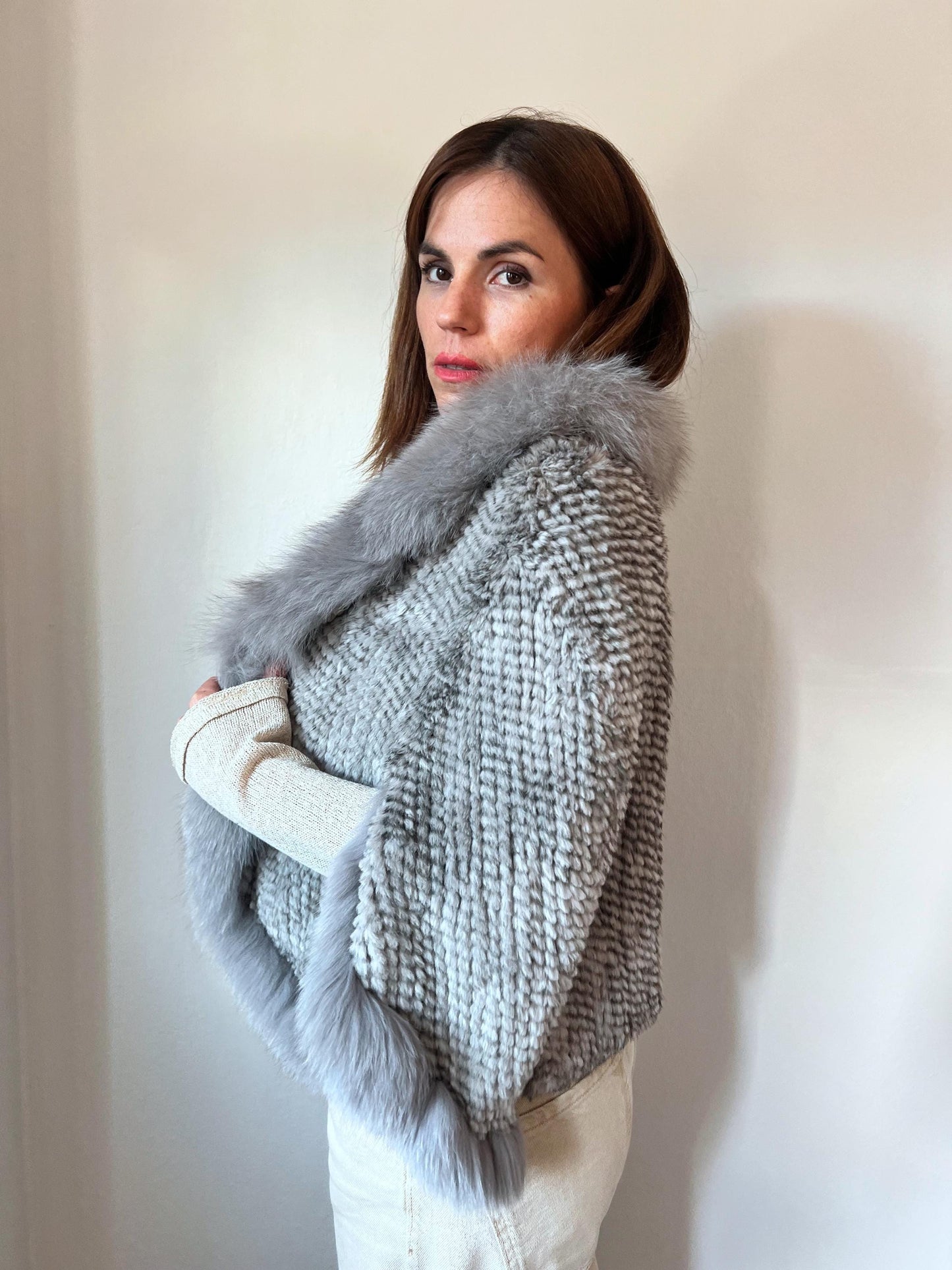 Handwoven Mink Fur Cape with Fox Fur Trim - Light Gray Poncho