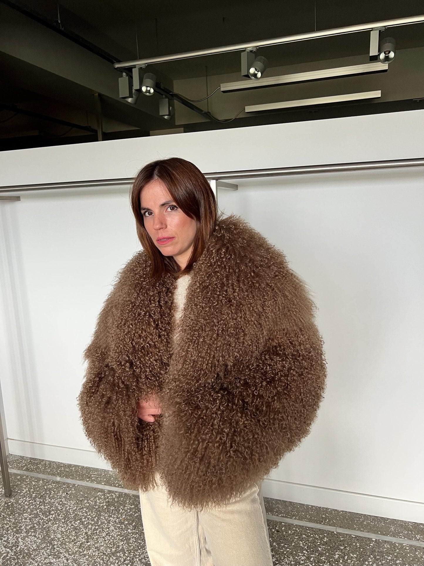 Handmade Chocolate Mongolian Lamb Fur Jacket - Pastel Brown Clip Closure