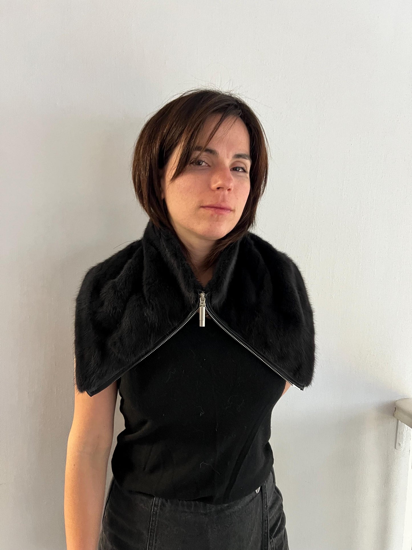 BLACK Mink Fur Cowl: Zipped dark grey Leather Detail Infinity Scarf
