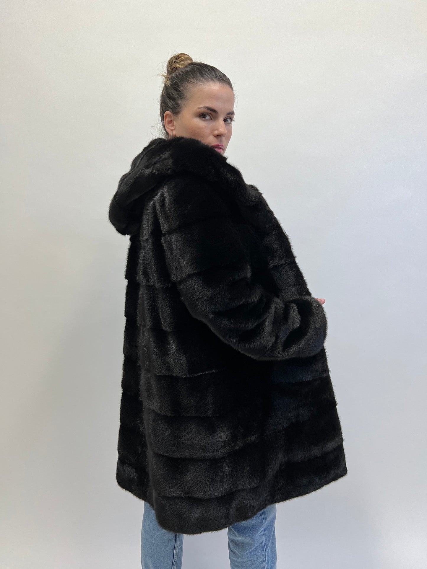 Real Mink Fur Hooded Coat: Black Full Skin Jacket