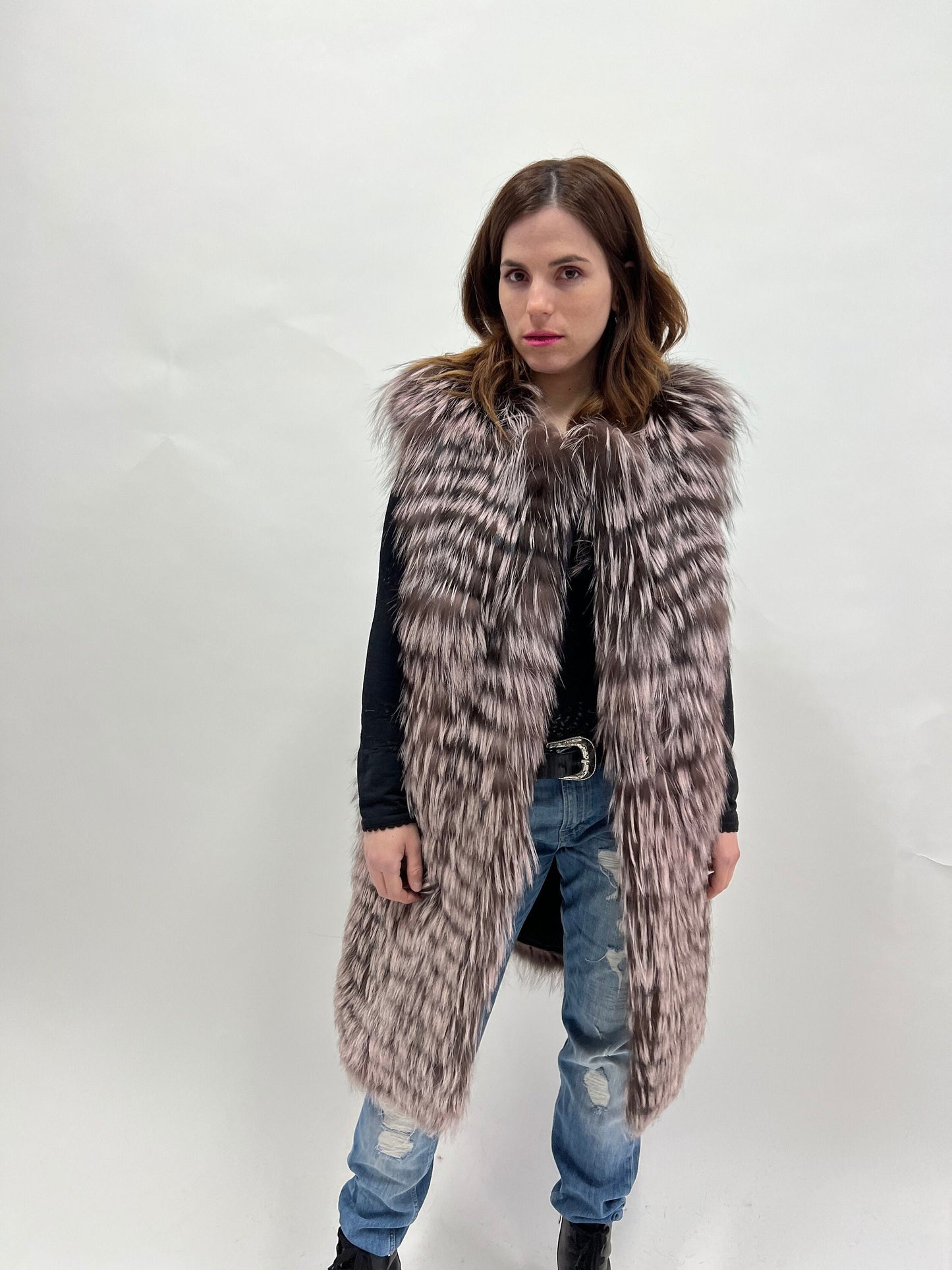 Pink Pastel Fox Fur Vest: Luxury Long Coat, Size Small
