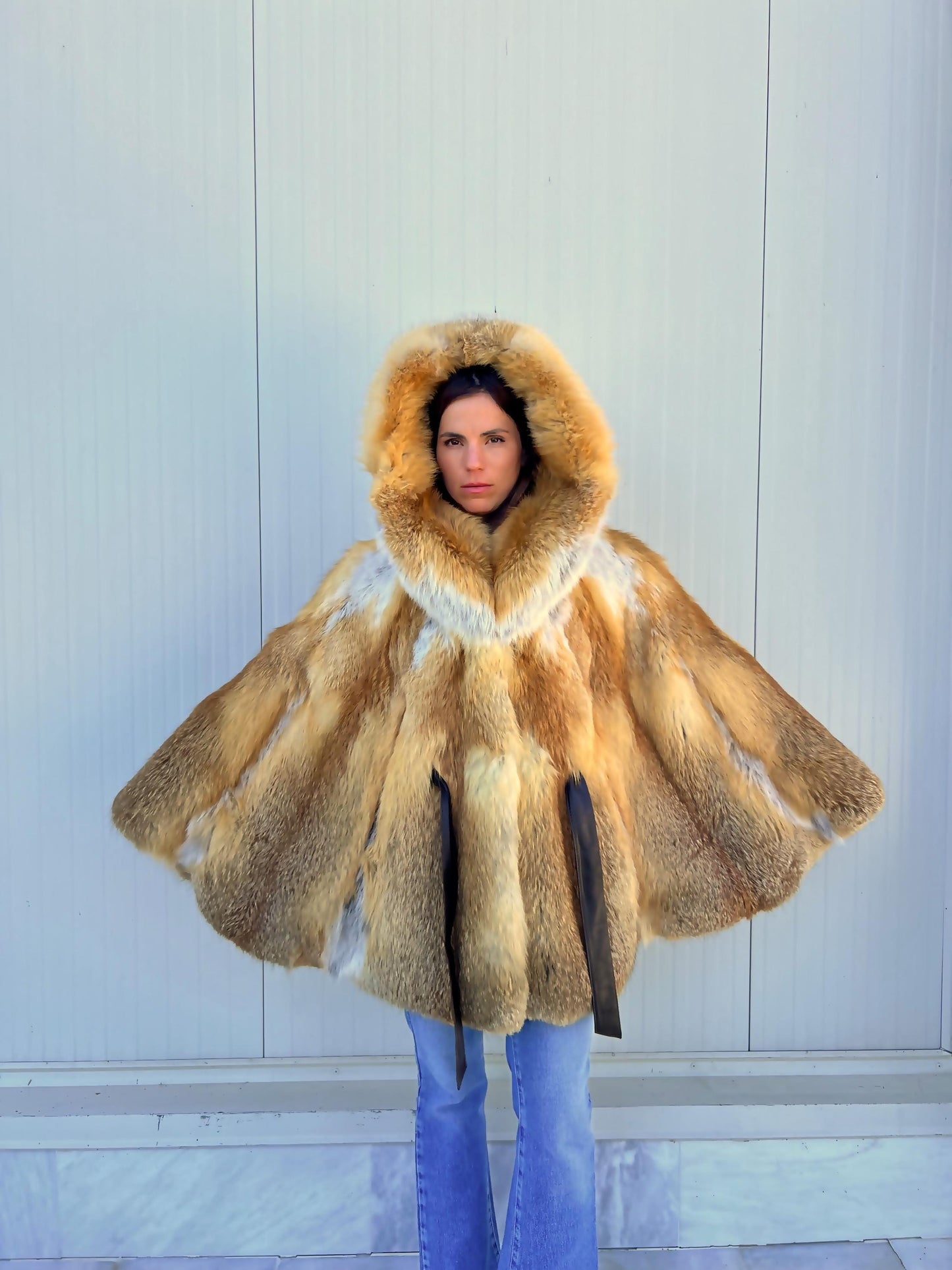 Red Fox Fur Cape with Hood: Handmade Leather Belt Closure