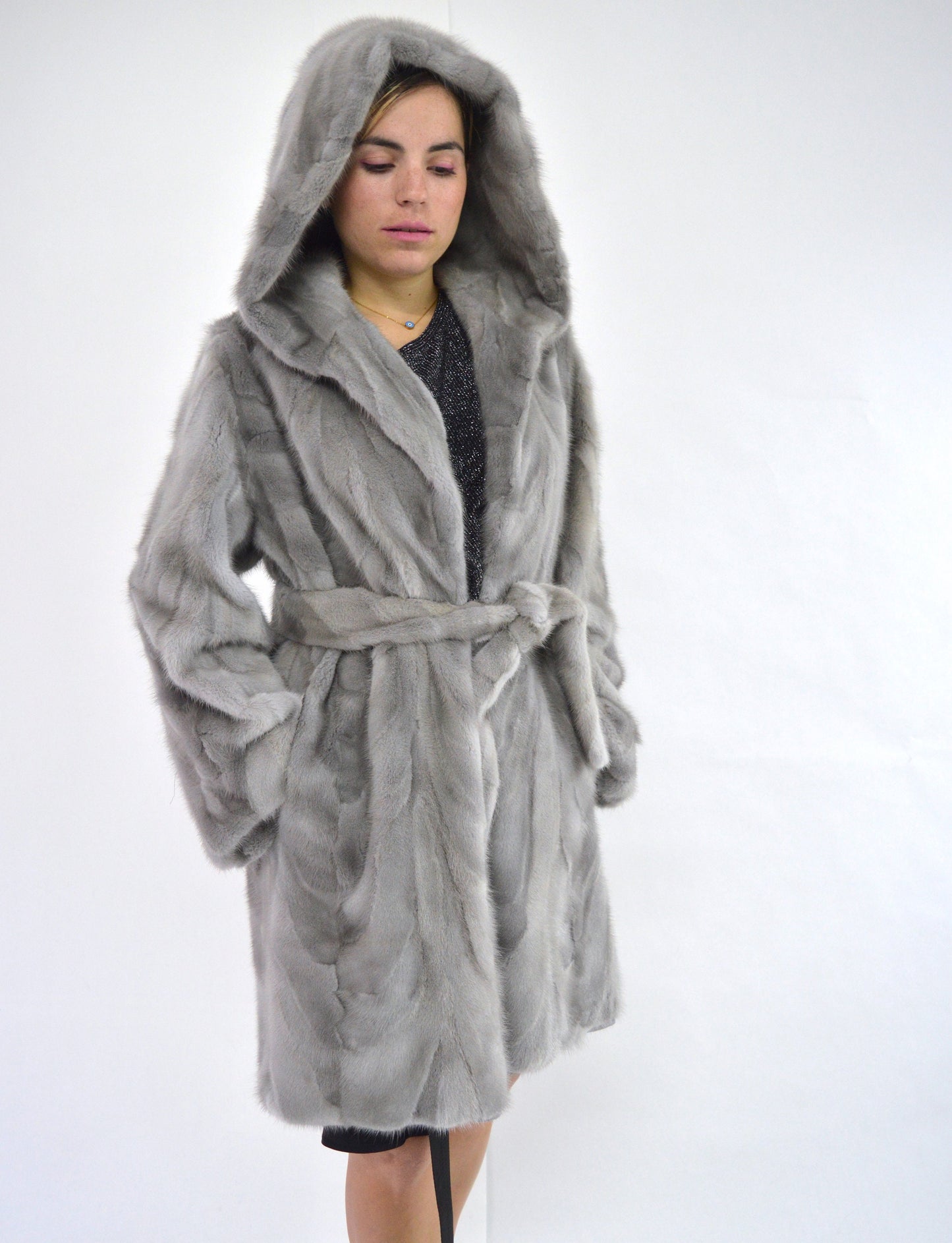 Sapphire Mink Fur Stroller Coat: Hooded Gray Mink Belted Jacket