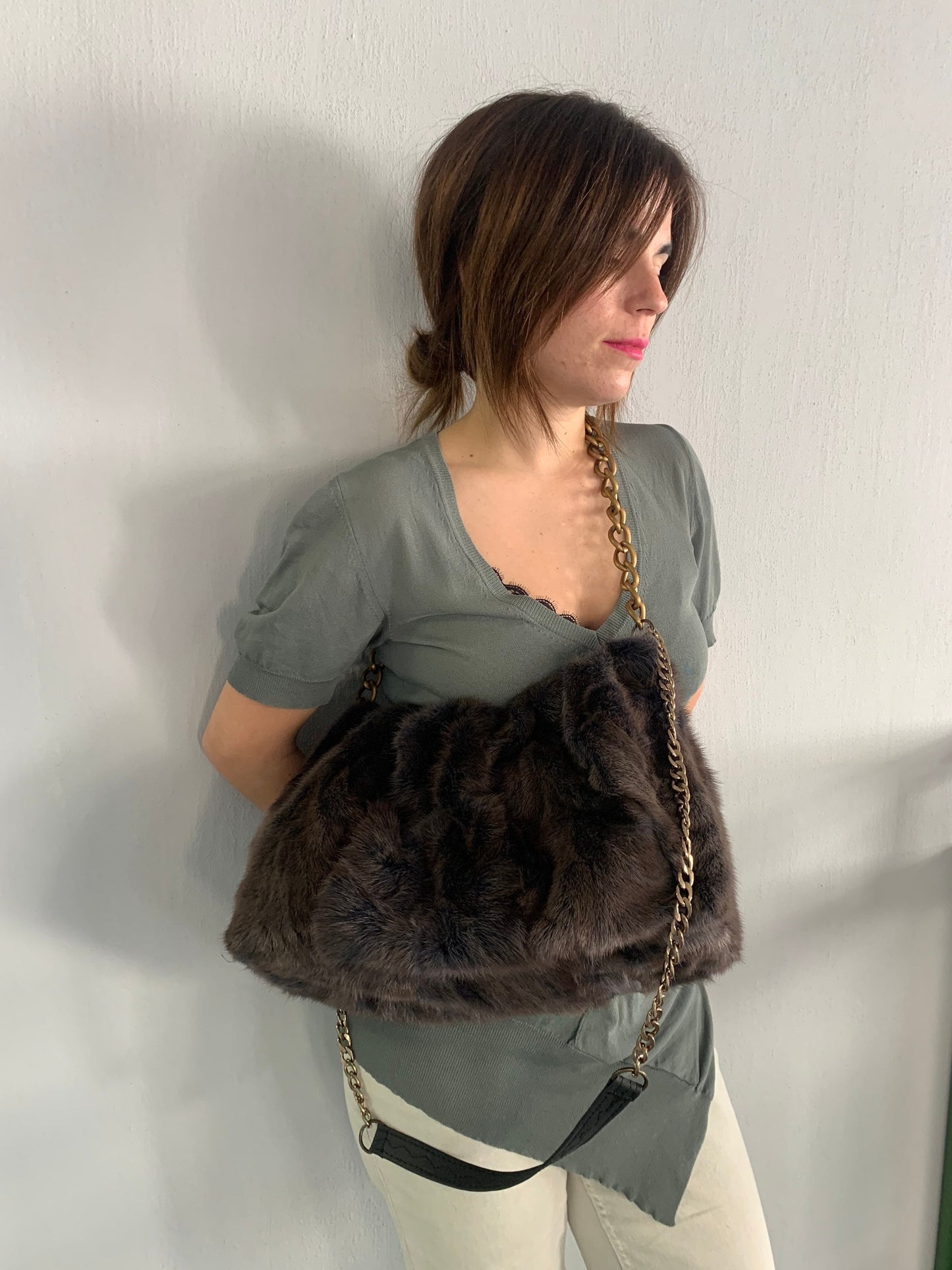 Handmade Mink Fur Shoulder Bag: Brownish Grey Slouchy Pouch with Bronze Straps