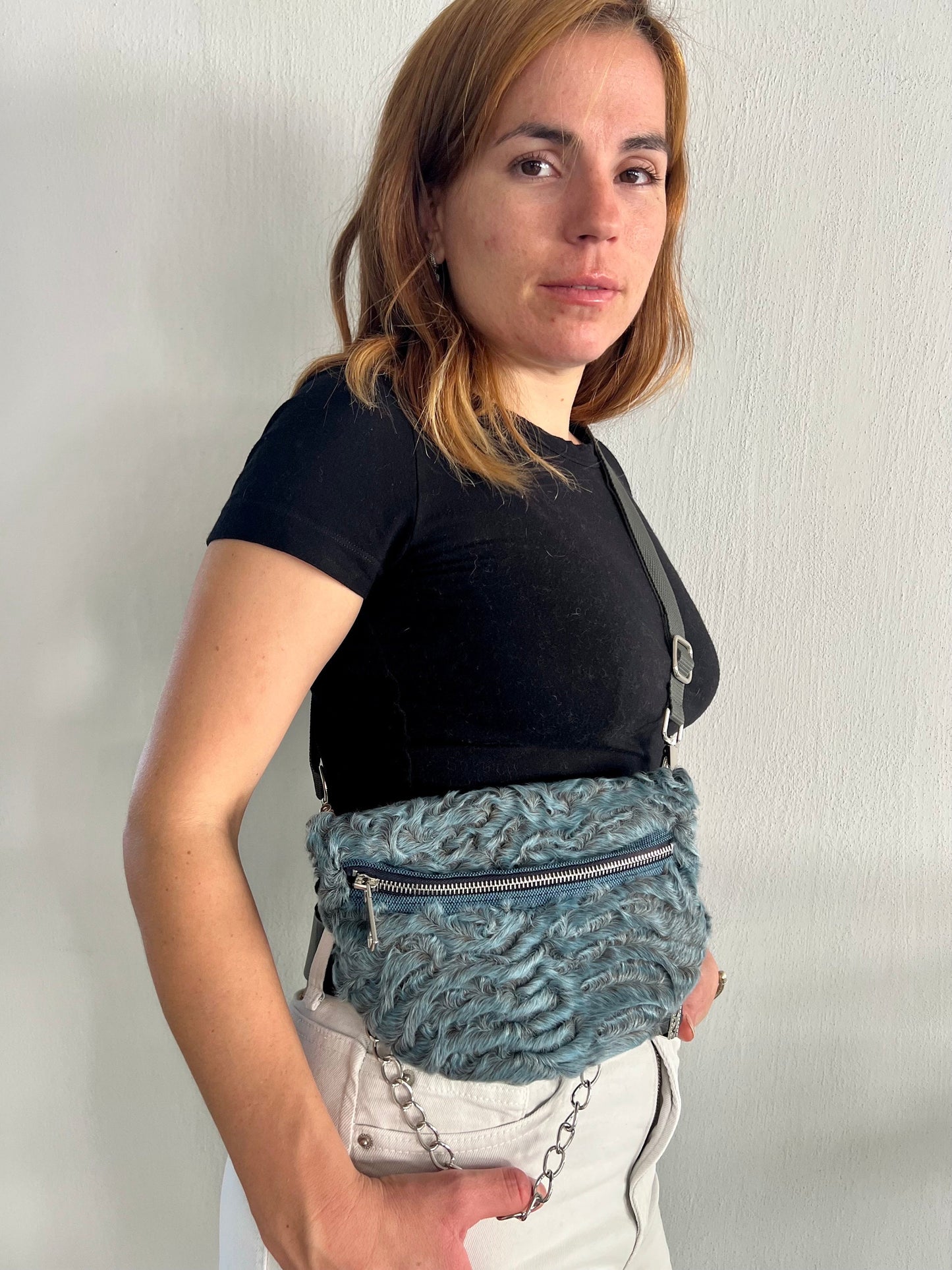 Gray Mink Fur Bumbag with Chain: Handmade Leather Fanny Pack