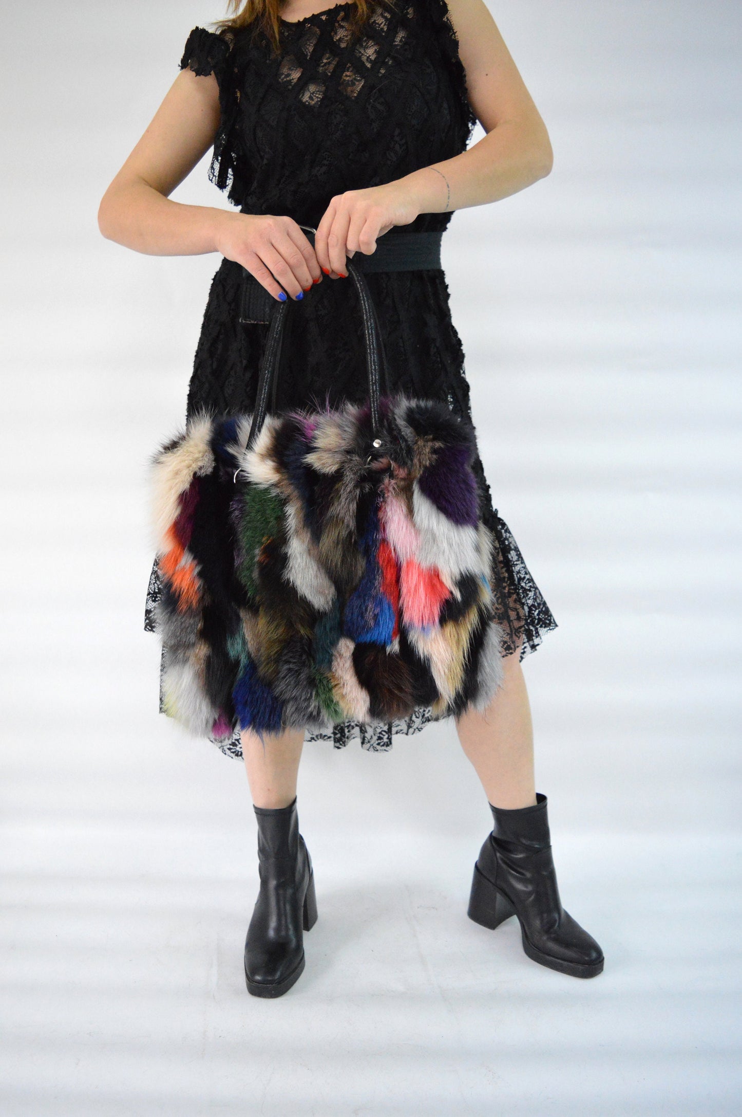 Multicoloured Fox Fur Tote Bag: Leather Details, Rabbit Fur Trim