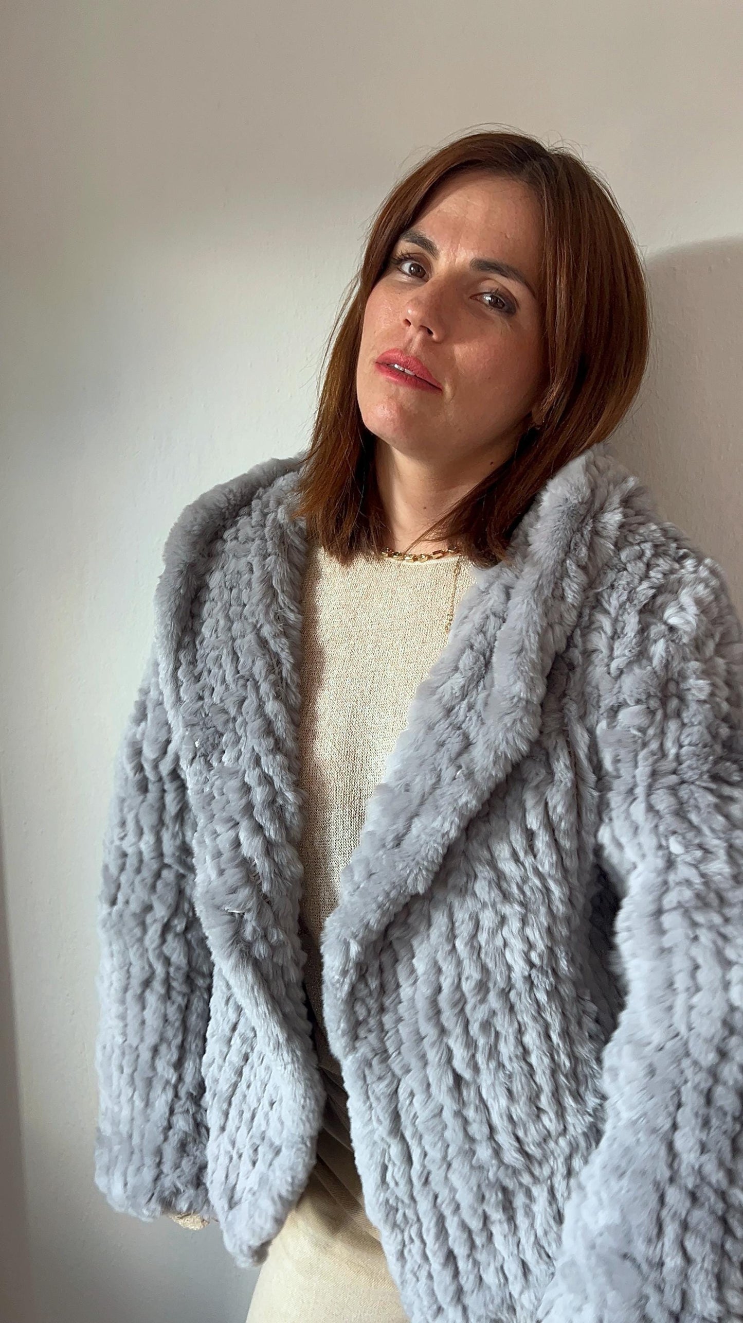 Light Grey Rabbit Fur Hooded Jacket: Handwoven, Frog Closure