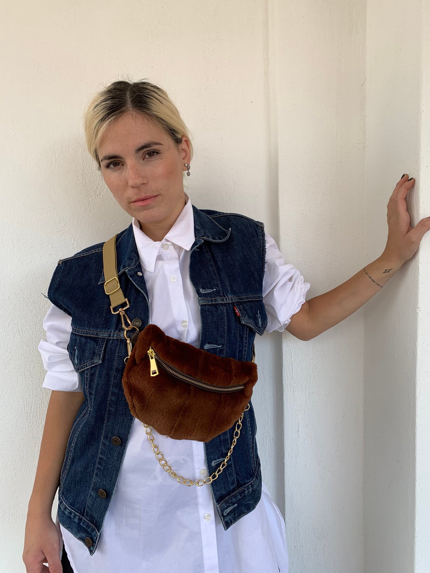 Cognac Mink Fur Bumbag with Chain: Luxury Fanny Pack