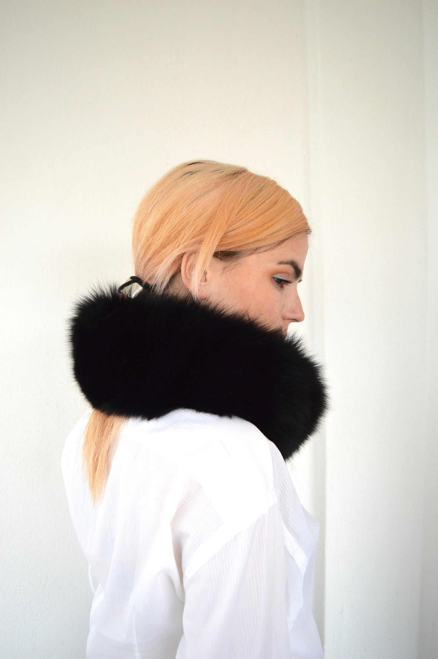 Real Black Fox Fur Headband Collar, Winter Loop Scarf