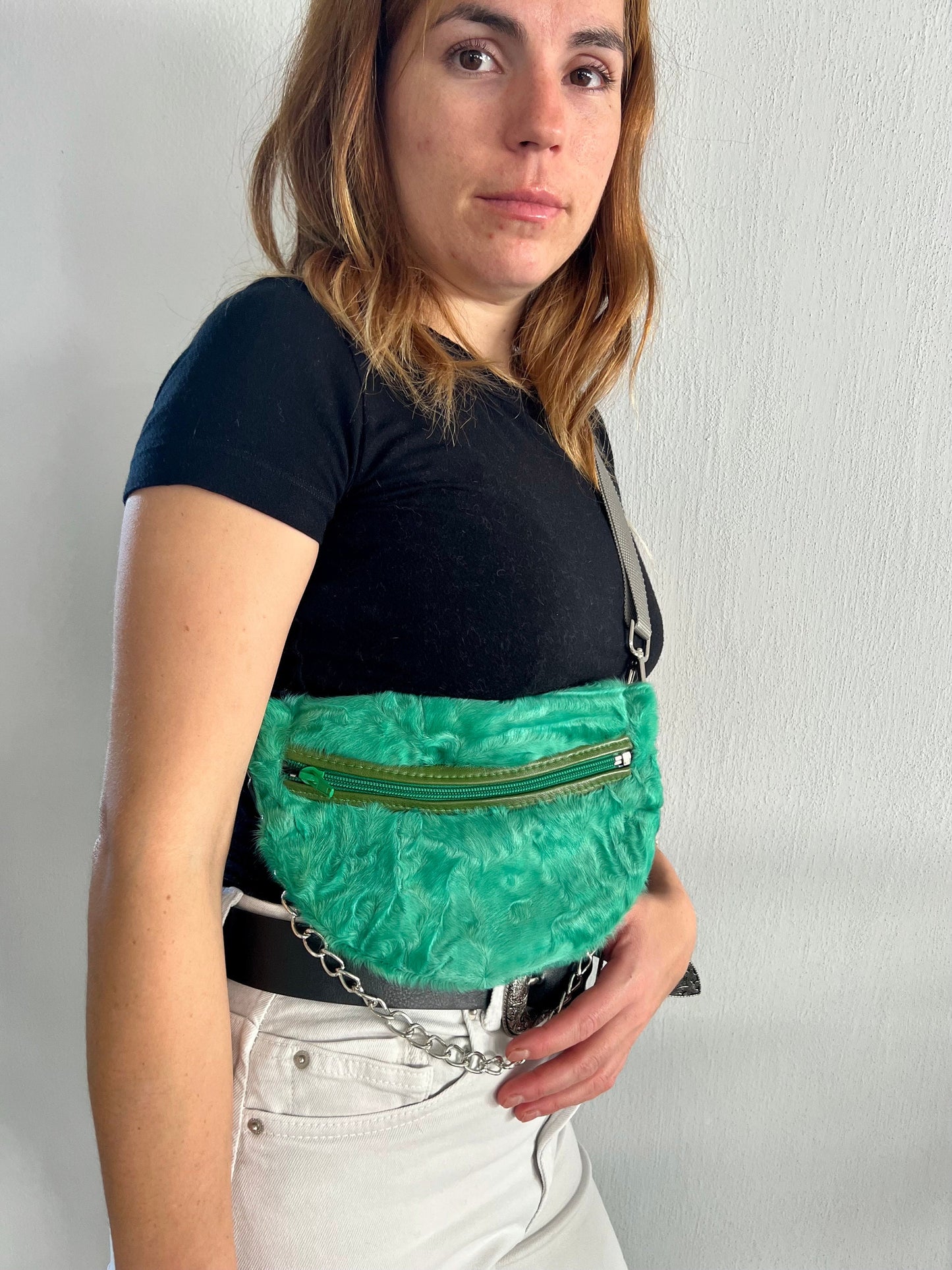 Green Sheared Fur Bumbag with Chain Strap