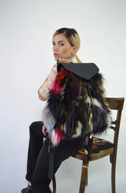 Real Fox Fur Leather Backpack: Handmade Rucksack Laptop Bag
