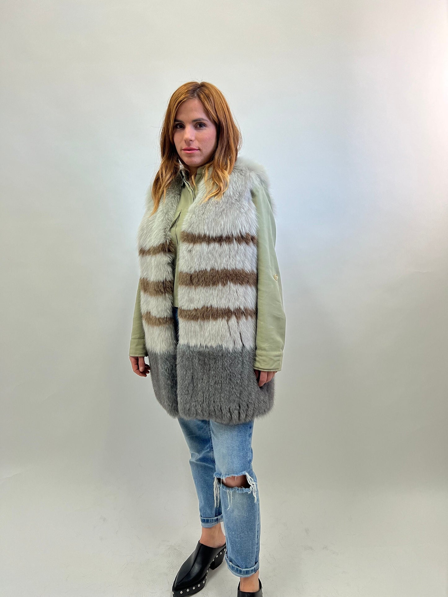 Real Fox Fur Vest: Three-Tone Leather Trim, Size Small