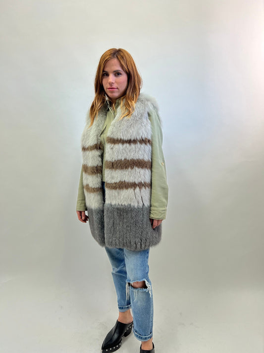 Real Fox Fur Vest: Three-Tone Leather Trim, Size Small