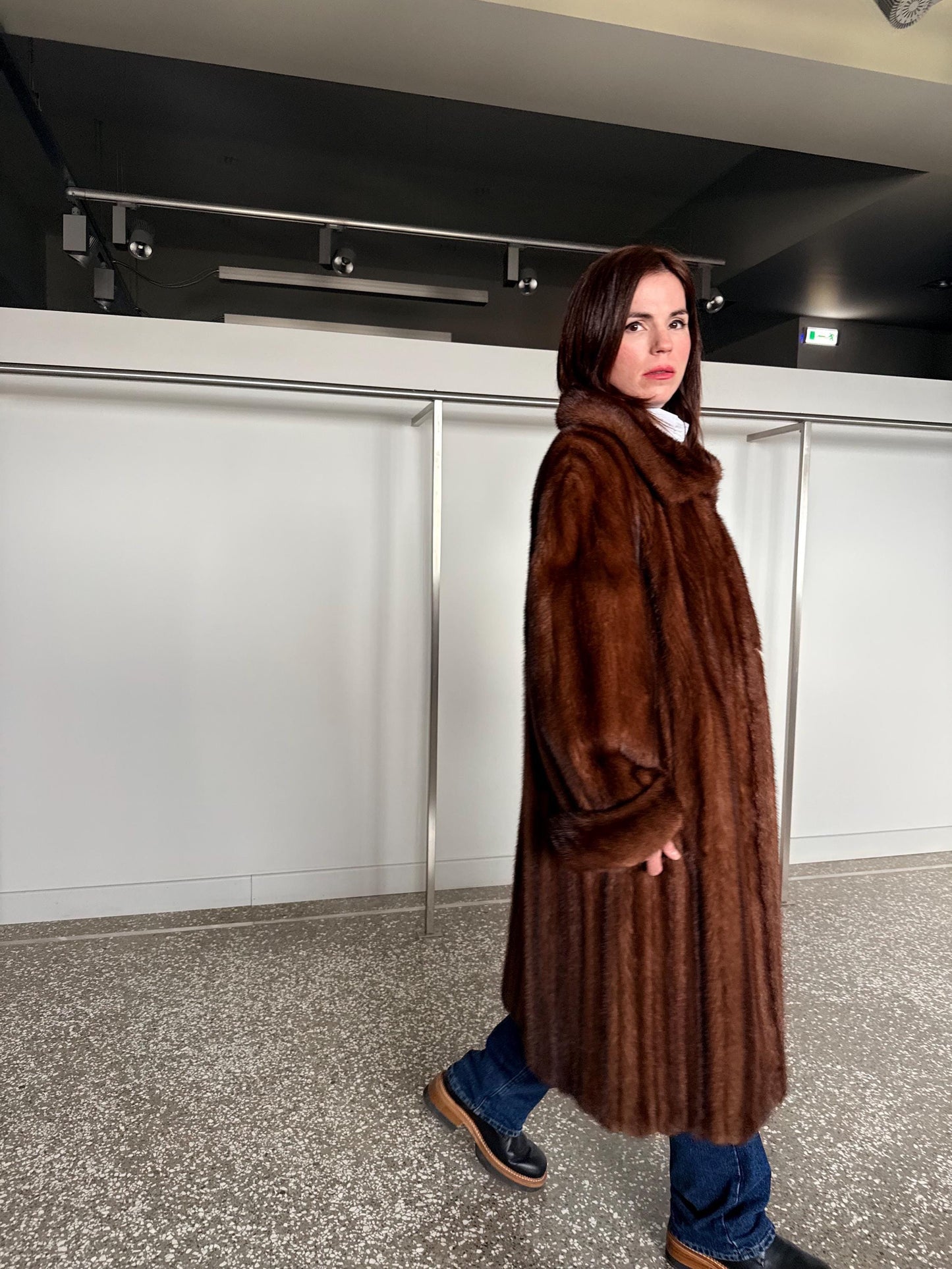 Demi Buff Mink Fur Coat: Pastel whisky Long retro-look Stroller, Handmade in Greece