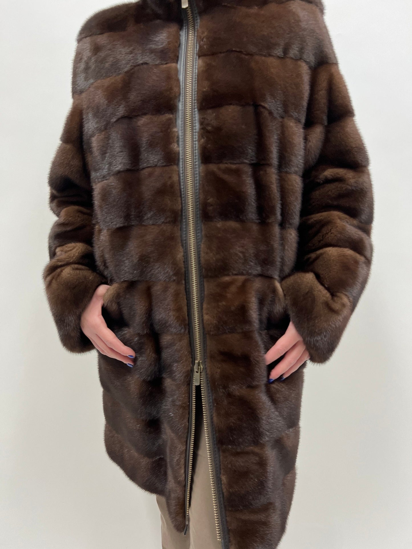 Brown Mink Fur Coat: Saga Male Pelts, Zipped Modern Design