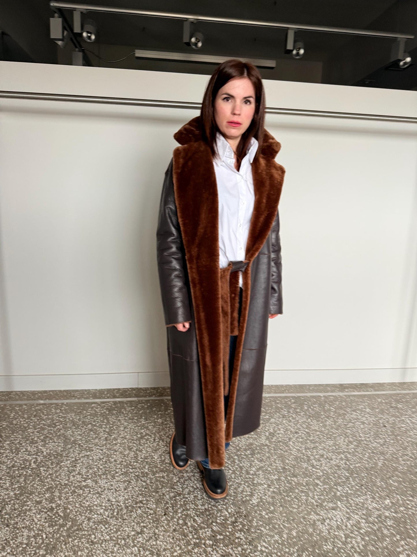 Reversible Merino Shearling Leather Coat: Bronze Sheepskin Stroller Tie Belt