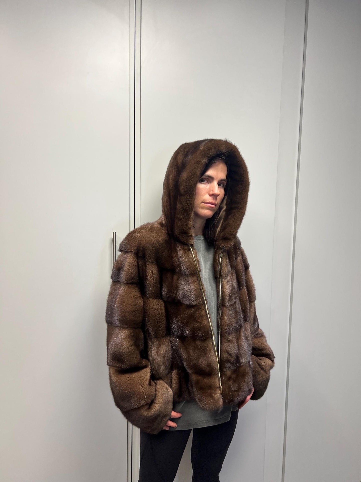 Brown hooded Mink Fur Jacket: Handmade Saga Mink Coat