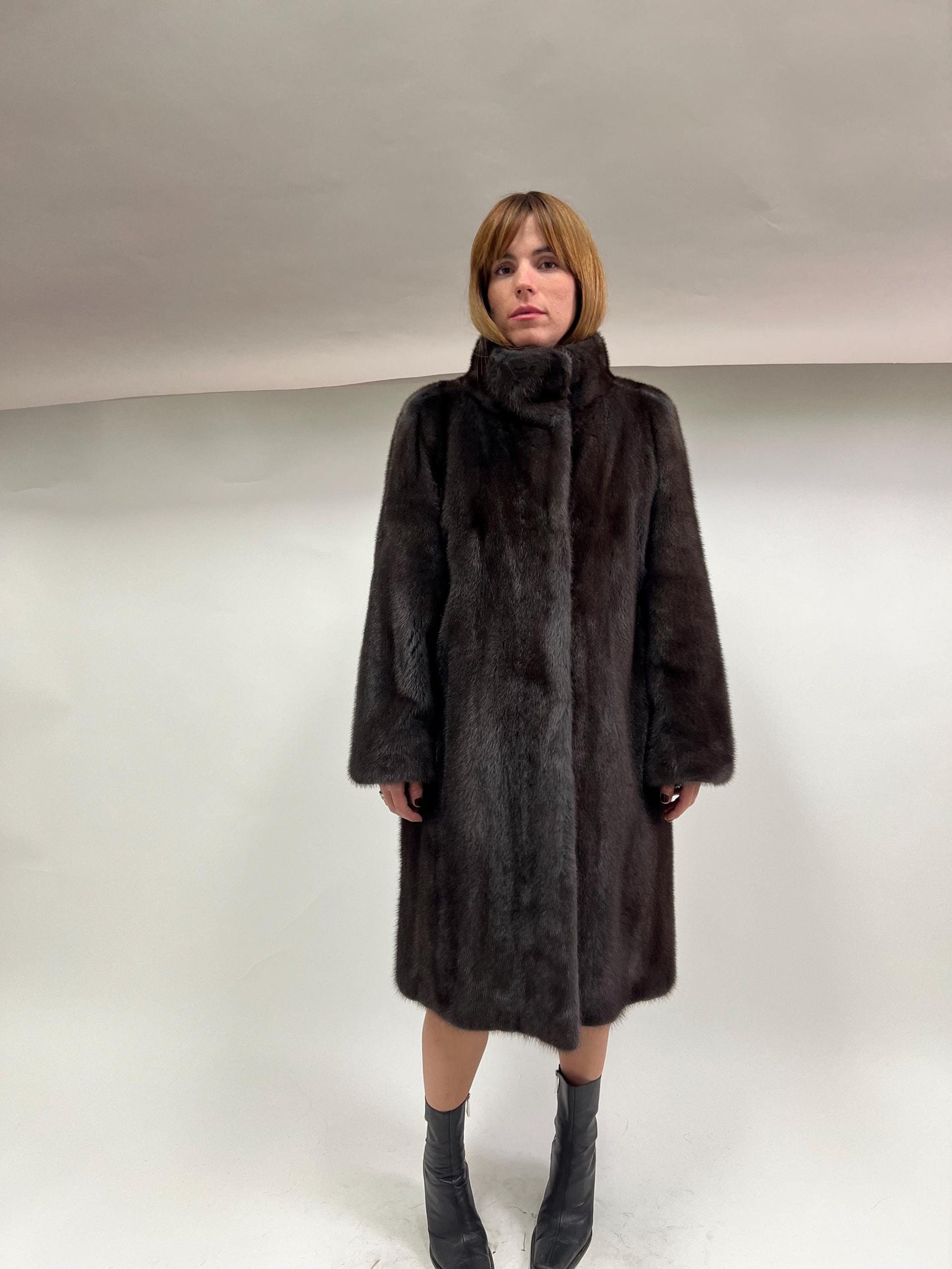 Saga Mink Fur Coat: Brown High Collar Luxury Fur