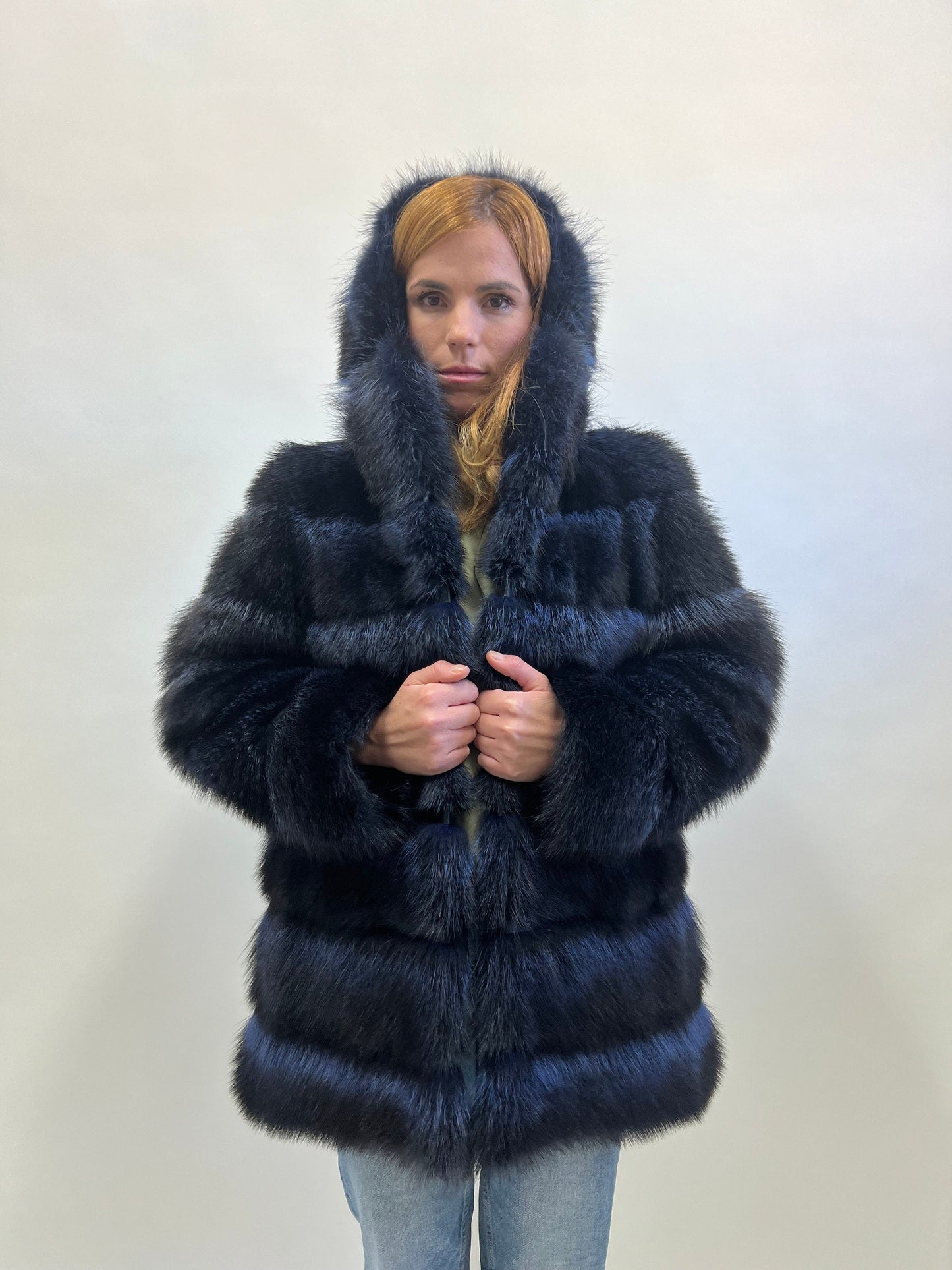 Genuine Blue Raccoon Fur Hooded Jacket: Leather Trim, Size Small