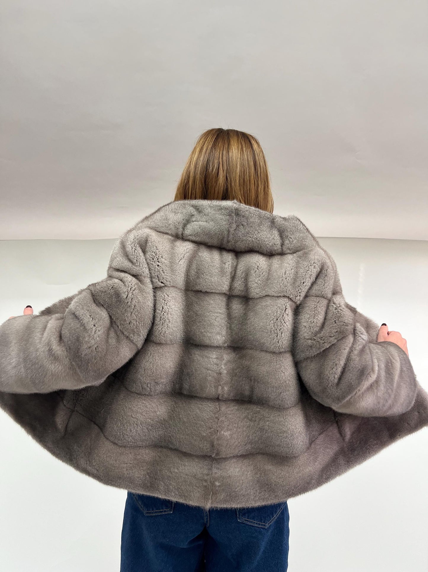 Real Silver Mink Fur Stroller Coat - High Collar, Luxury Gift