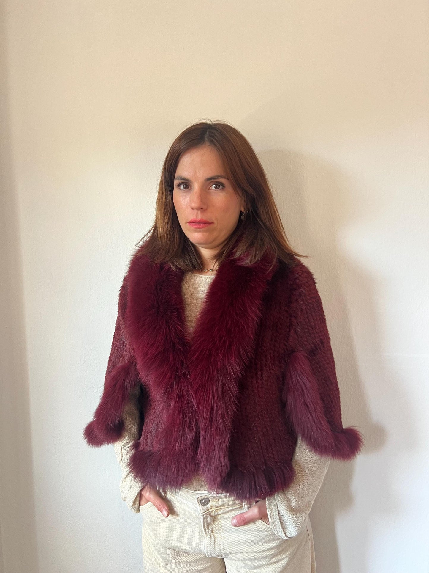 Bordeaux Mink Fur Cape: Handwoven Jacket with Fox Trim