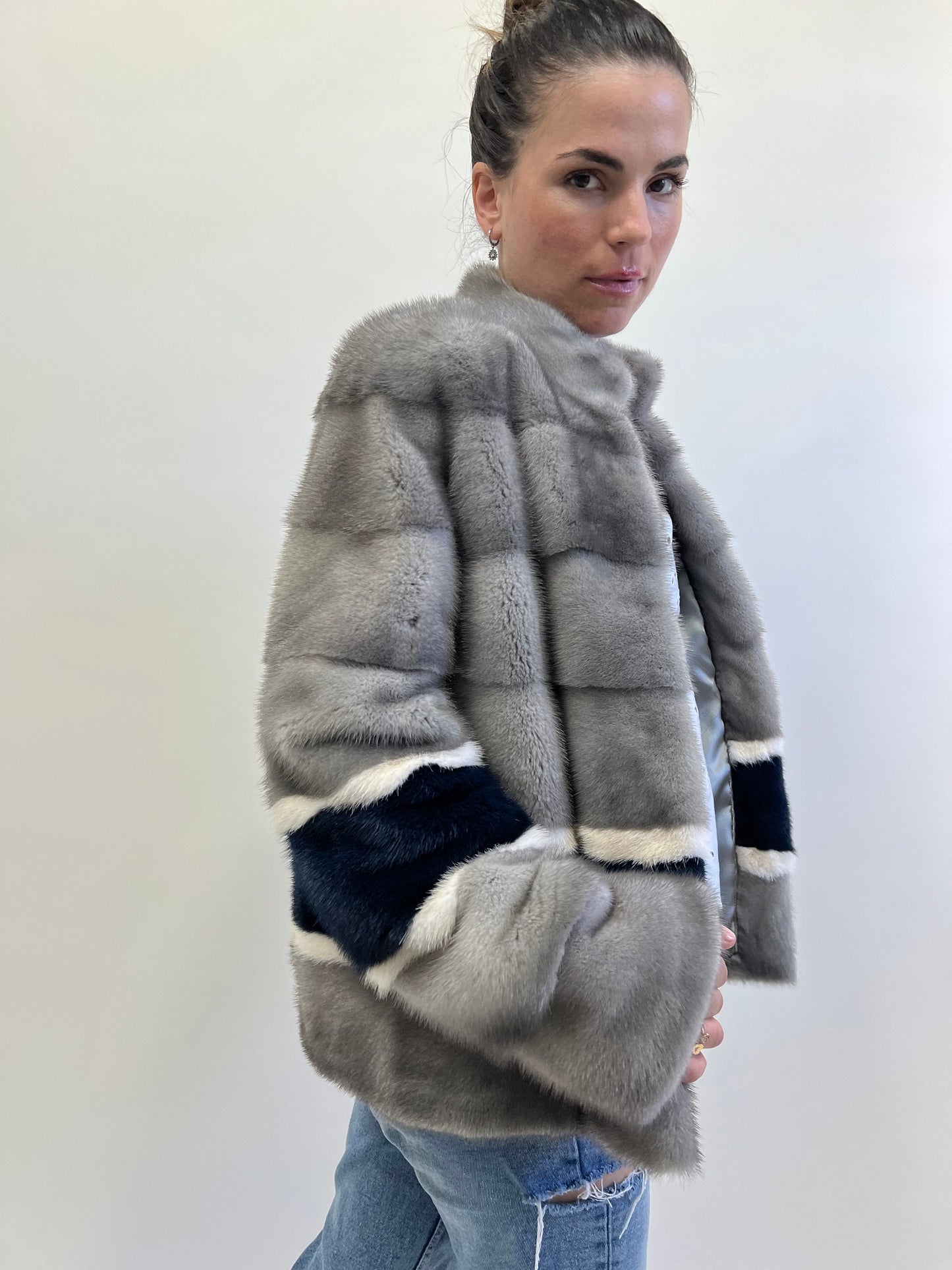 Sapphire Mink Fur Jacket: Navy, White & Grey Modern Coat