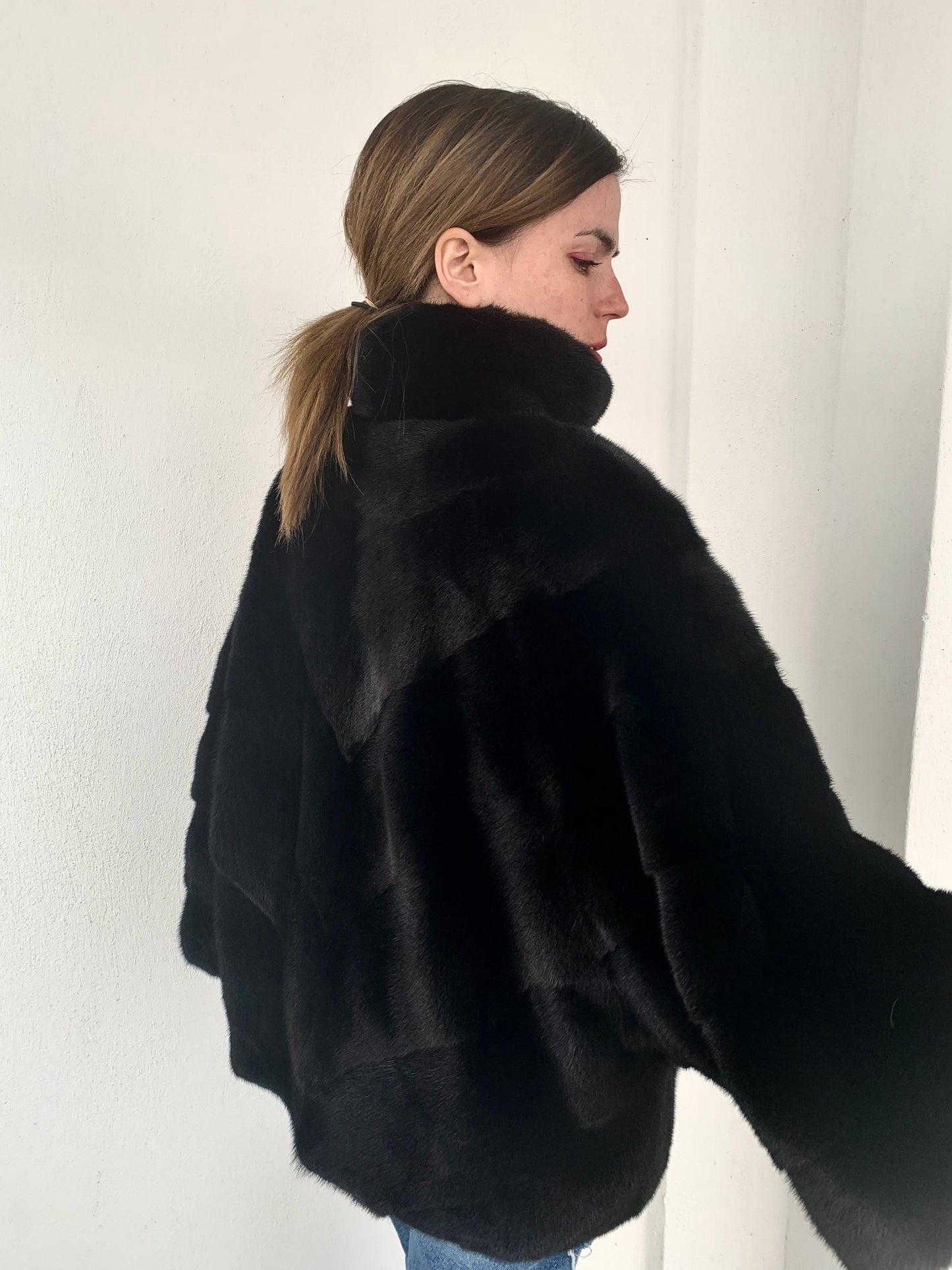 Handmade Black Mink Fur Cape: Oversized Luxury Jacket