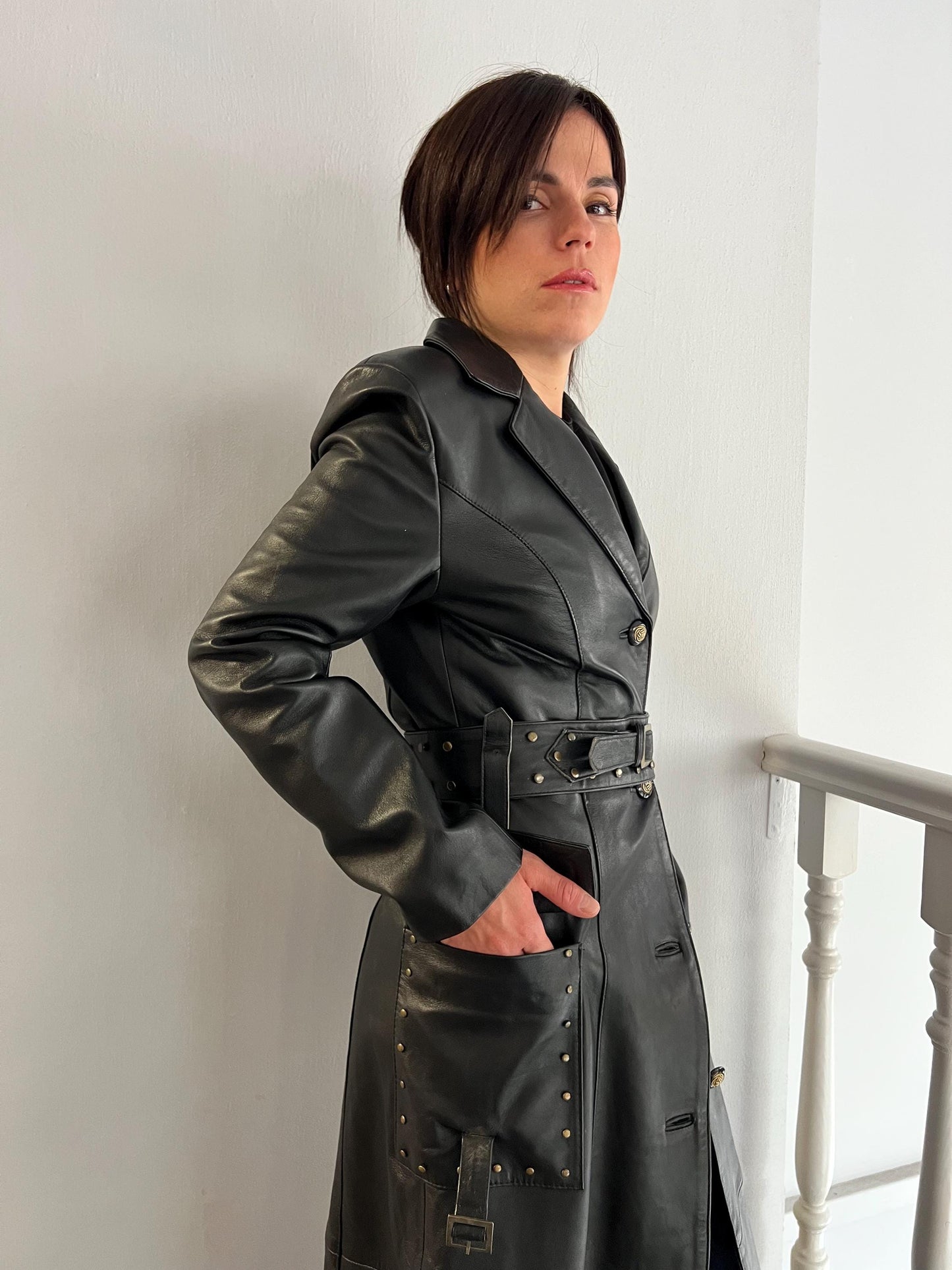 Handmade Nappa Leather Coat: Full Length Black Belted Overcoat