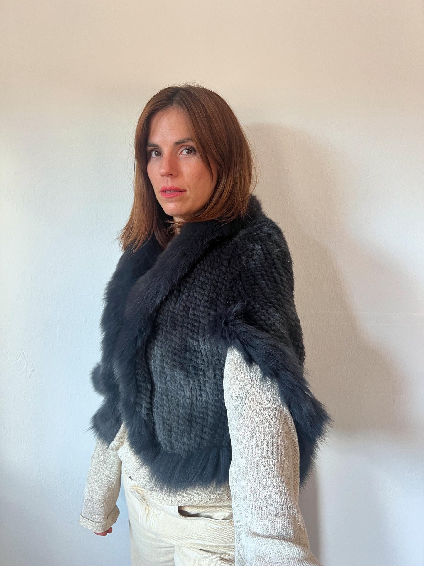 Handwoven Mink Fur Cape: Midnight Blue Fox Trim Jacket