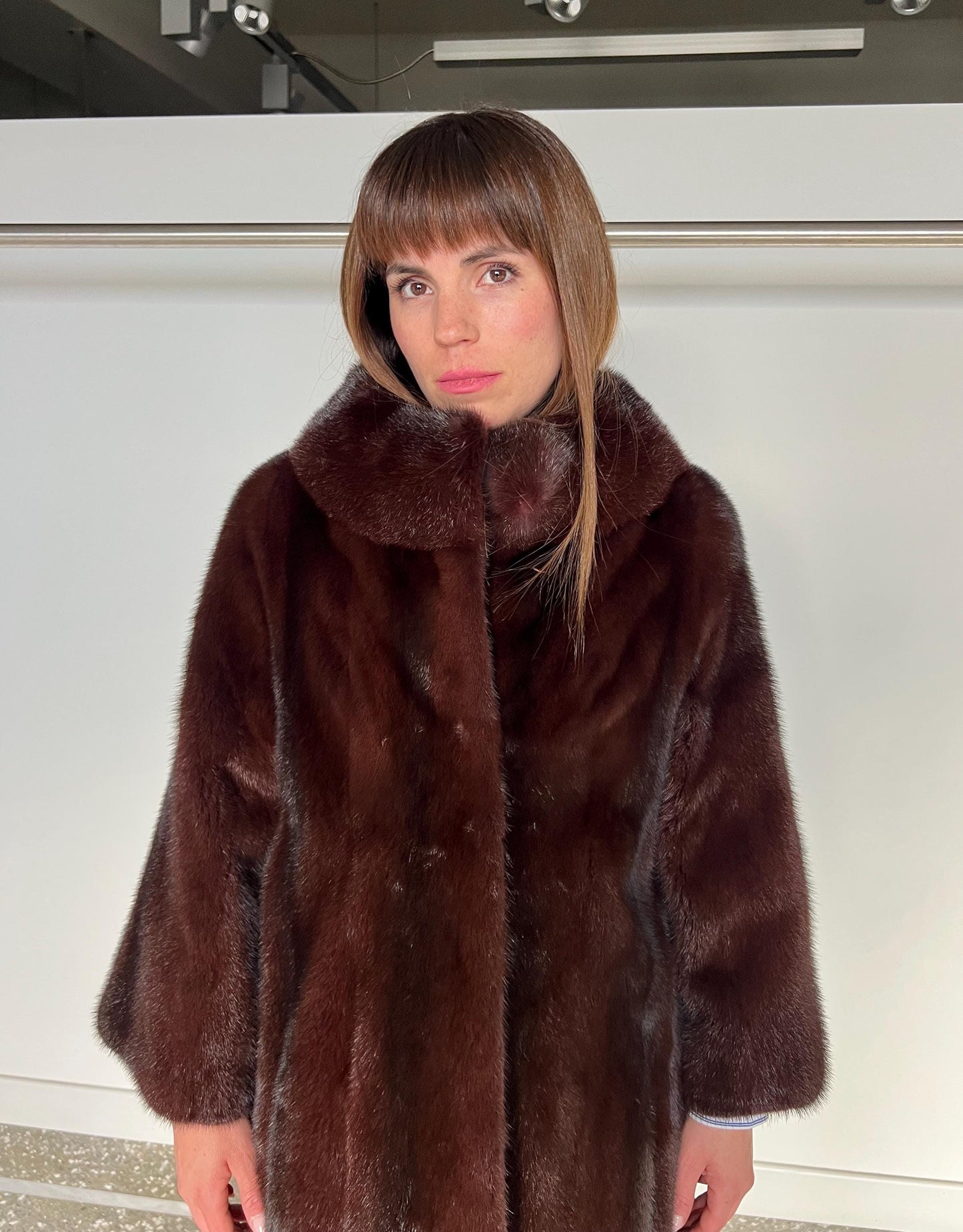 Burgundy Mink Fur Coat: Saga Quality, Stand Up Collar (Medium)