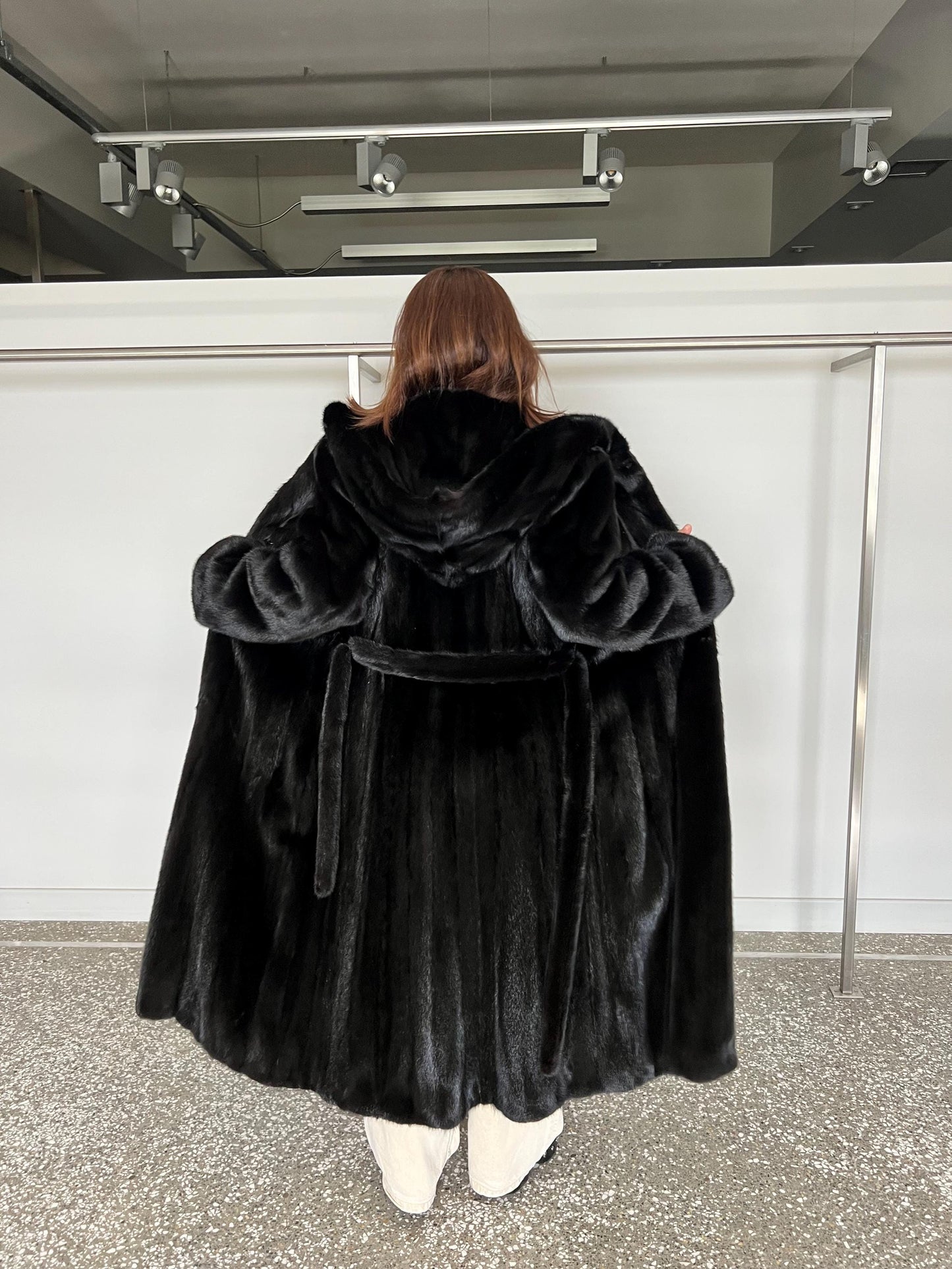 Handmade Black Mink Fur Coat: Hooded Godet Style, Belted