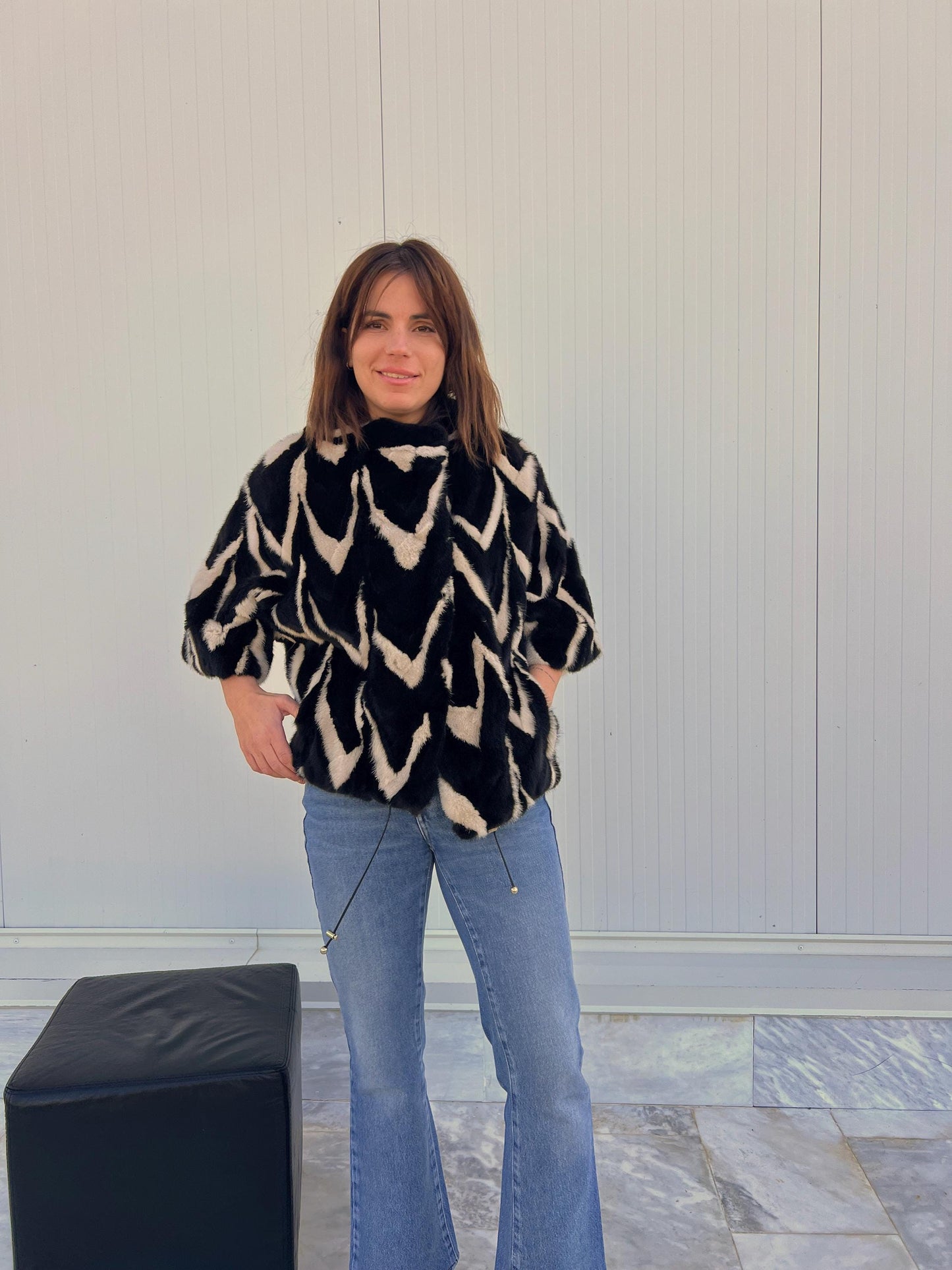 Intarsia Mink Fur Jacket: Beige & Black Genuine Fur Blazer