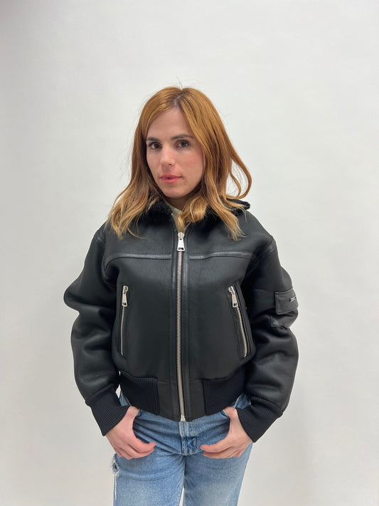 Black Shearling Fur Bomber Jacket: Nappa Leather Trim, Handmade in Greece