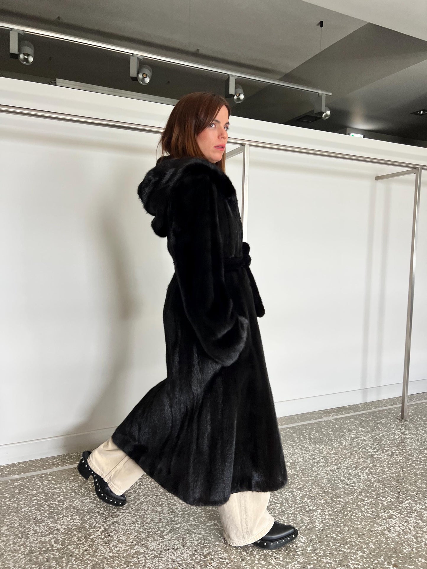 Handmade Black Mink Fur Coat: Hooded Godet Style, Belted