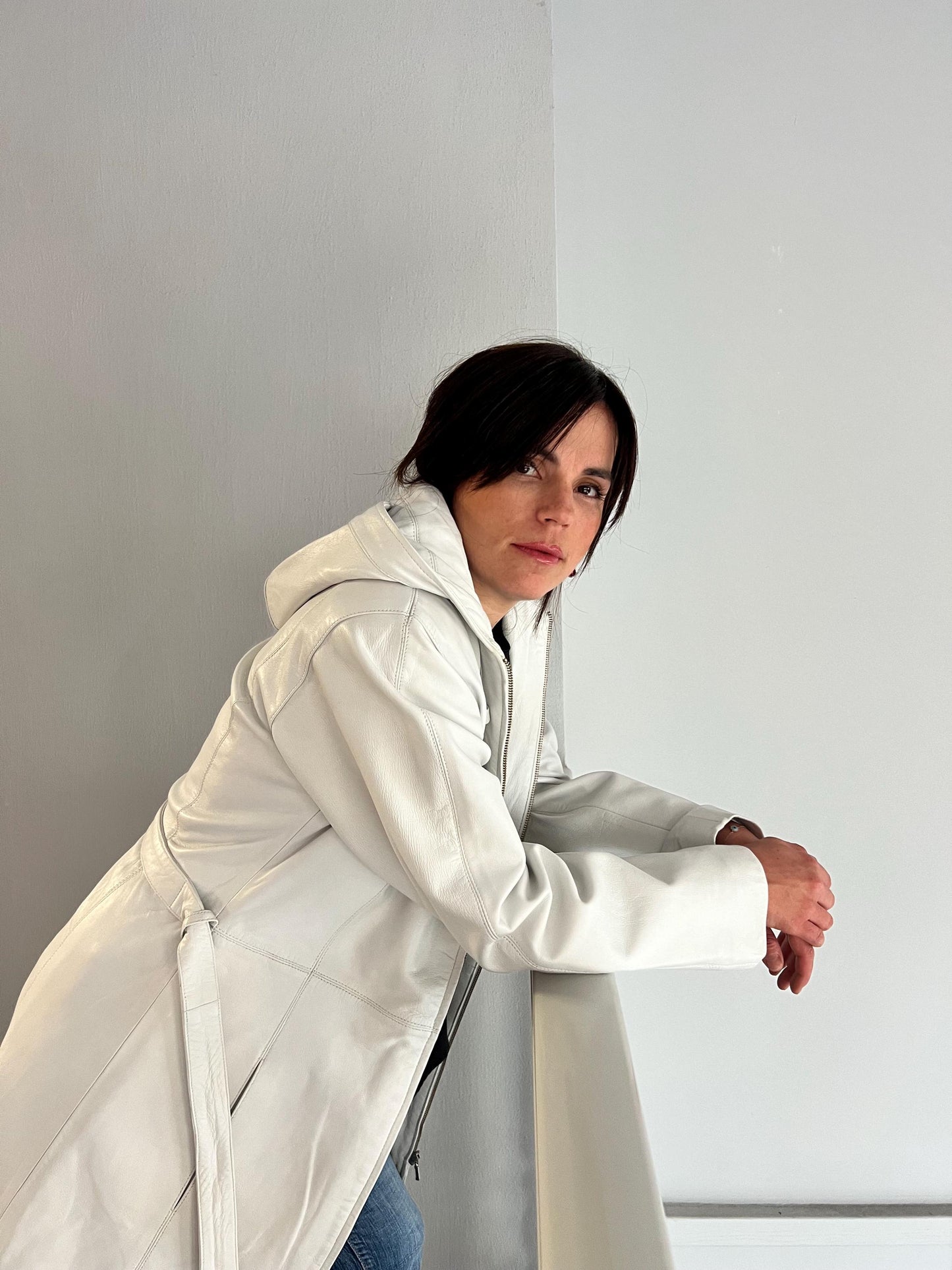 Handmade Nappa buttery Lambskin Leather Coat: Hooded Belted White Jacket