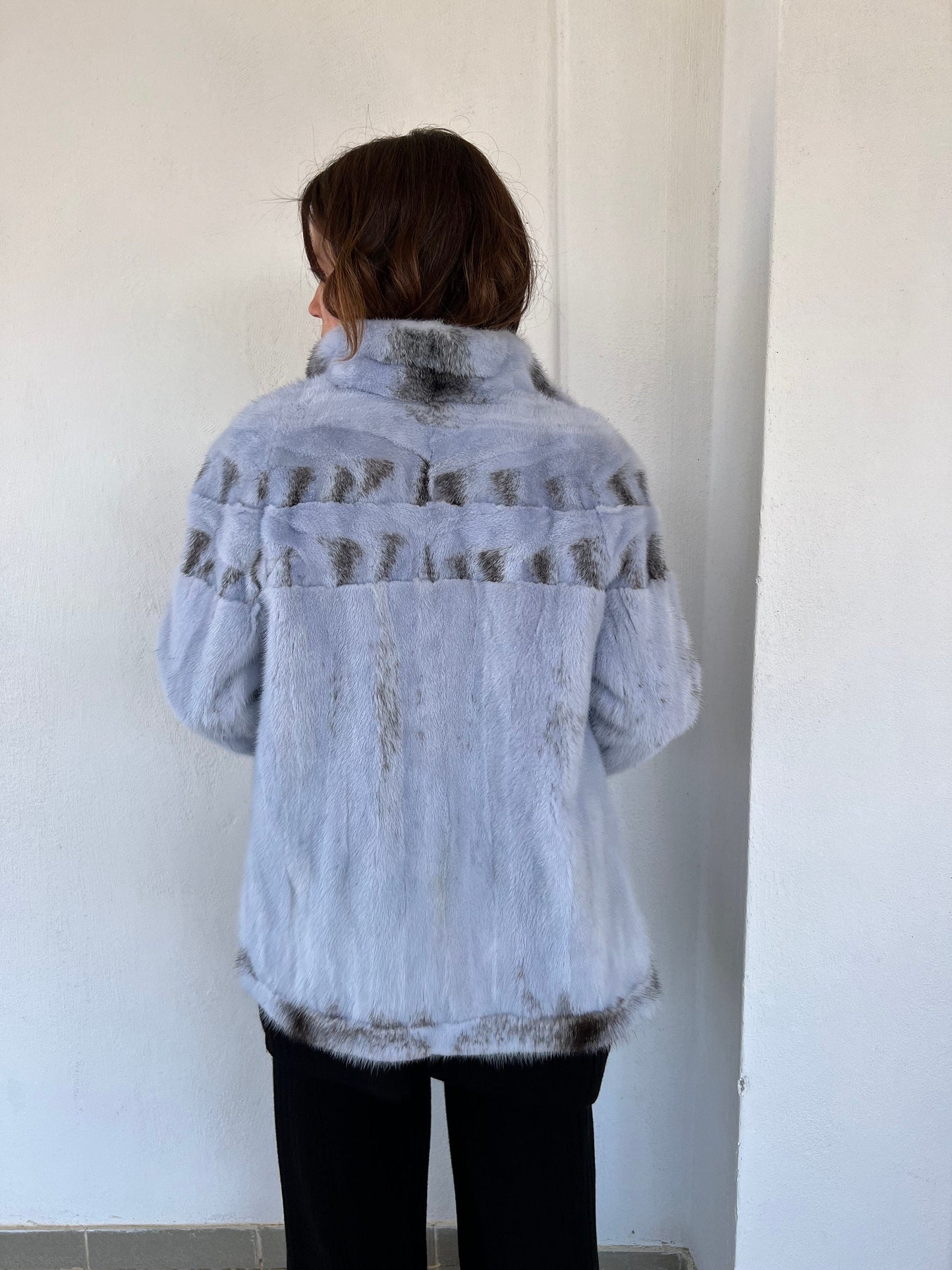 Baby Blue Mink Fur Jacket - High Collar, Handmade in Greece