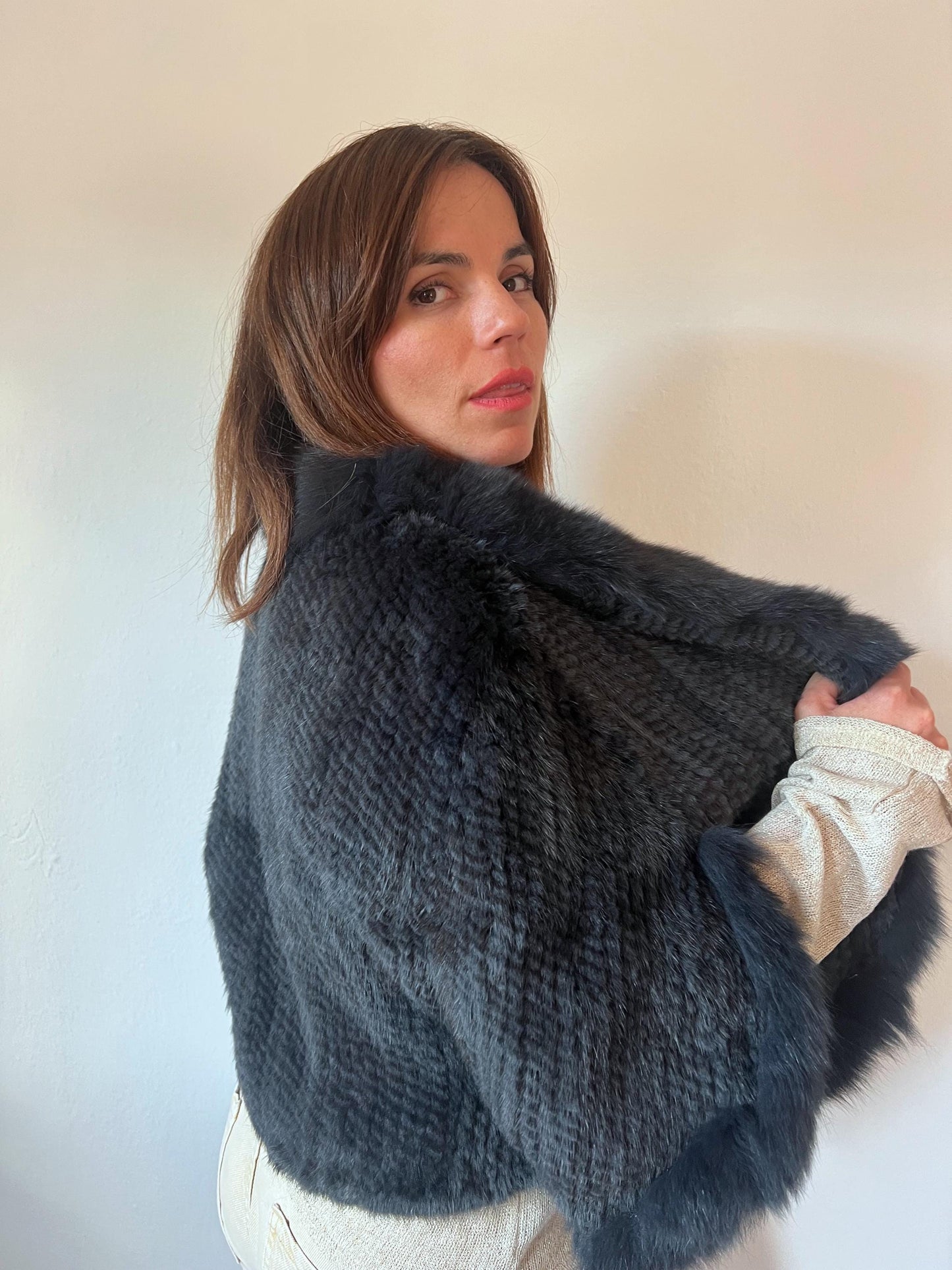 Handwoven Mink Fur Cape: Midnight Blue Fox Trim Jacket