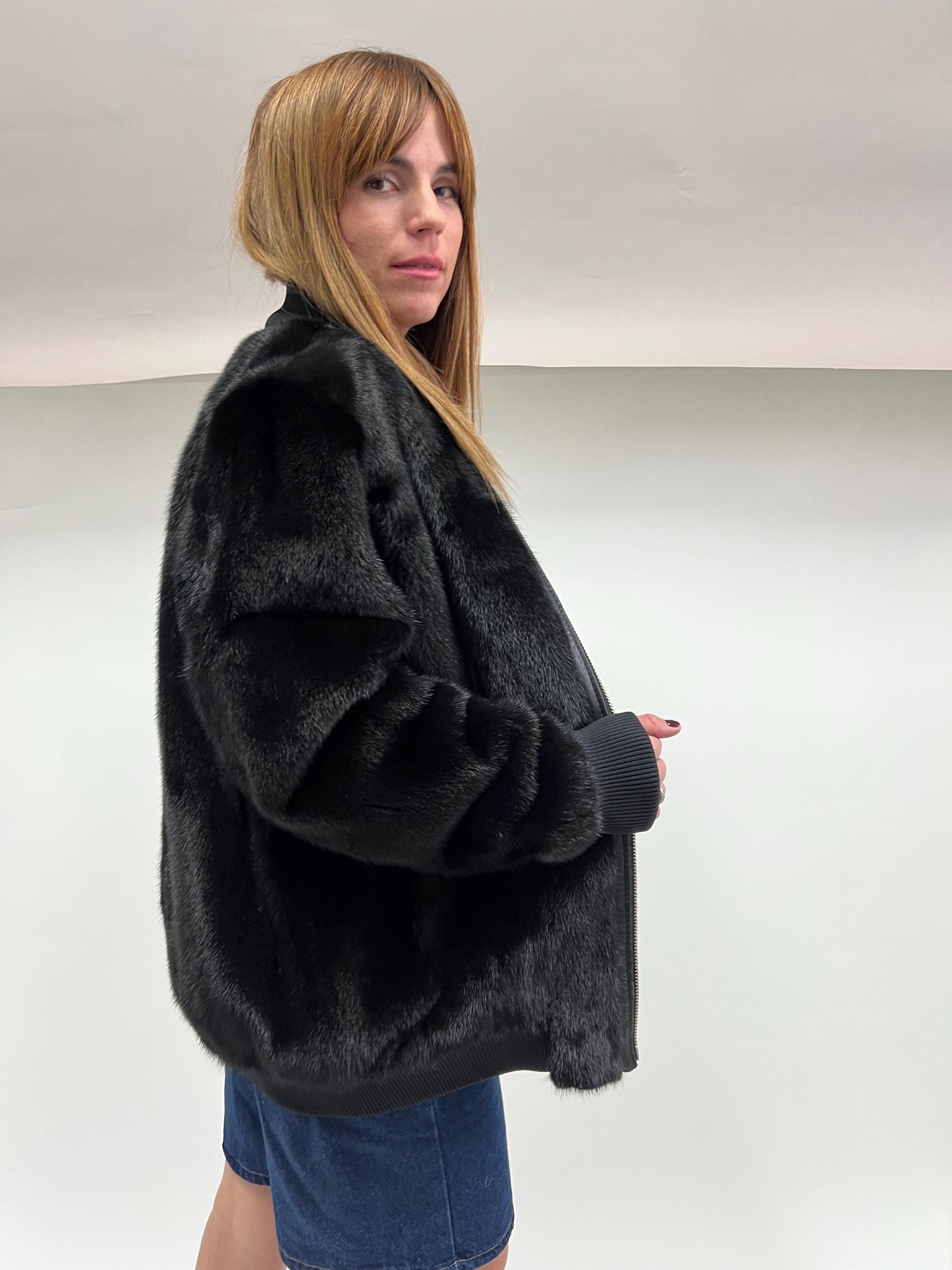 Real Mink Fur Bomber Jacket: Velvet Black, Elastic Hem